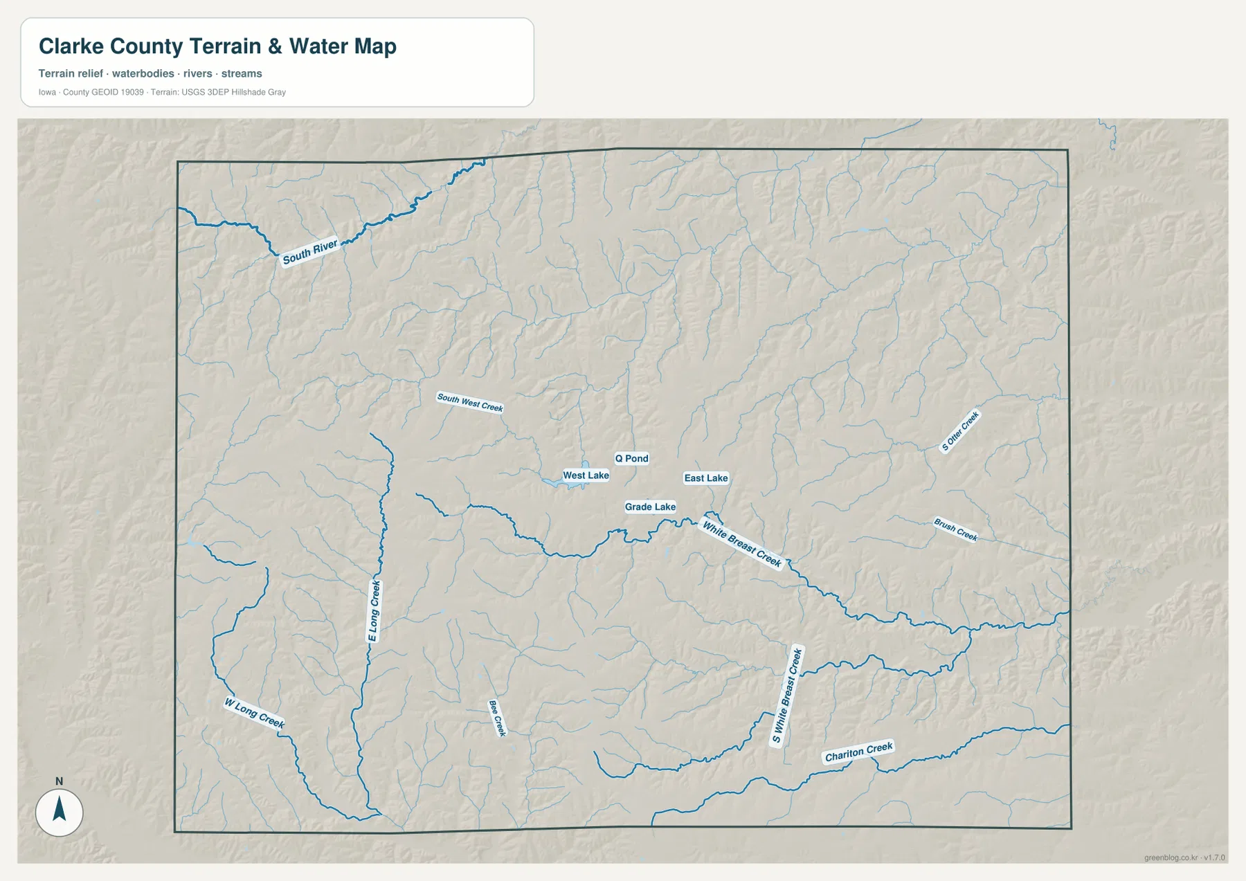 Clarke County Iowa water map with White Breast Creek East Lake West Lake and Chariton Creek