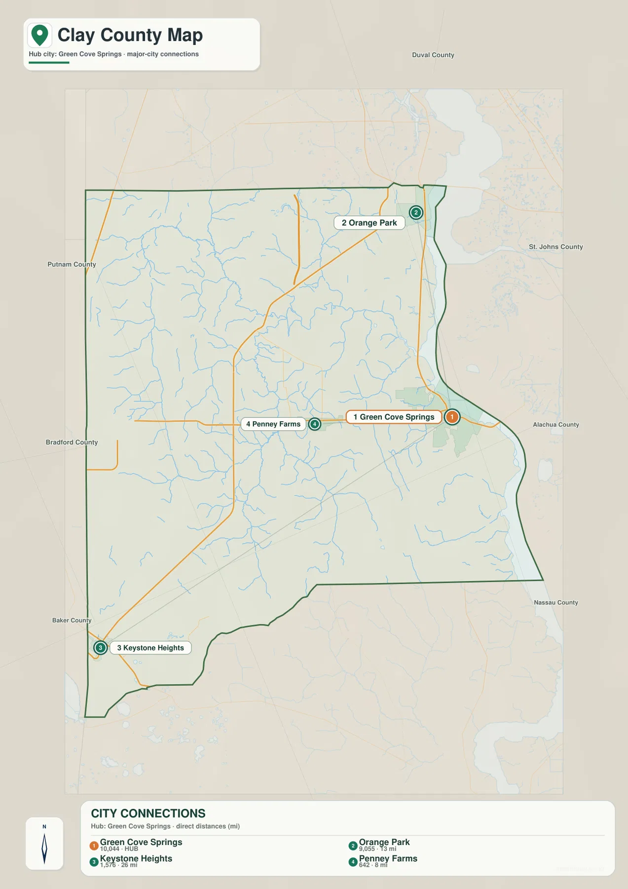 Clay County city map showing Green Cove Springs, Orange Park, Keystone Heights, and Penney Farms