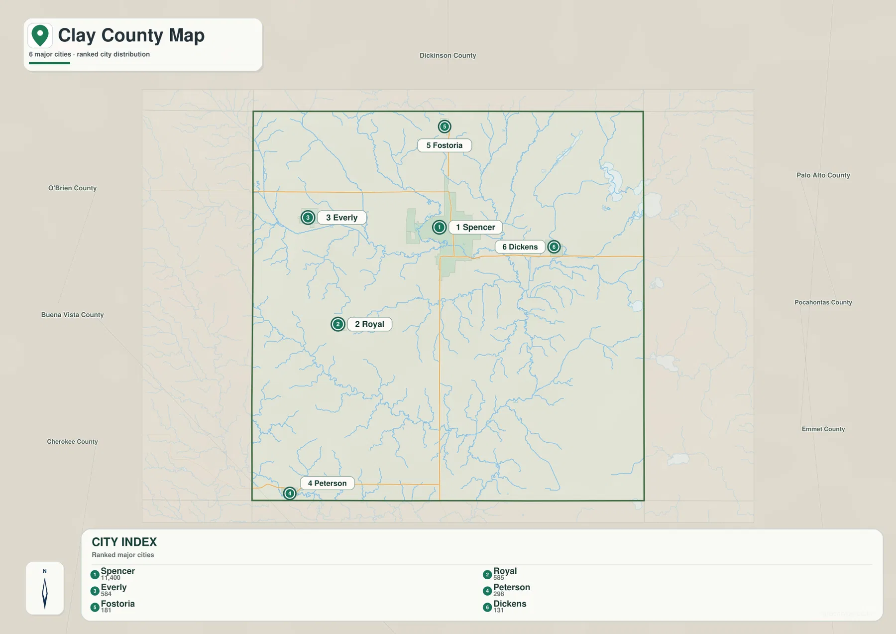 Clay County city map showing Spencer Royal Everly Peterson Fostoria and Dickens