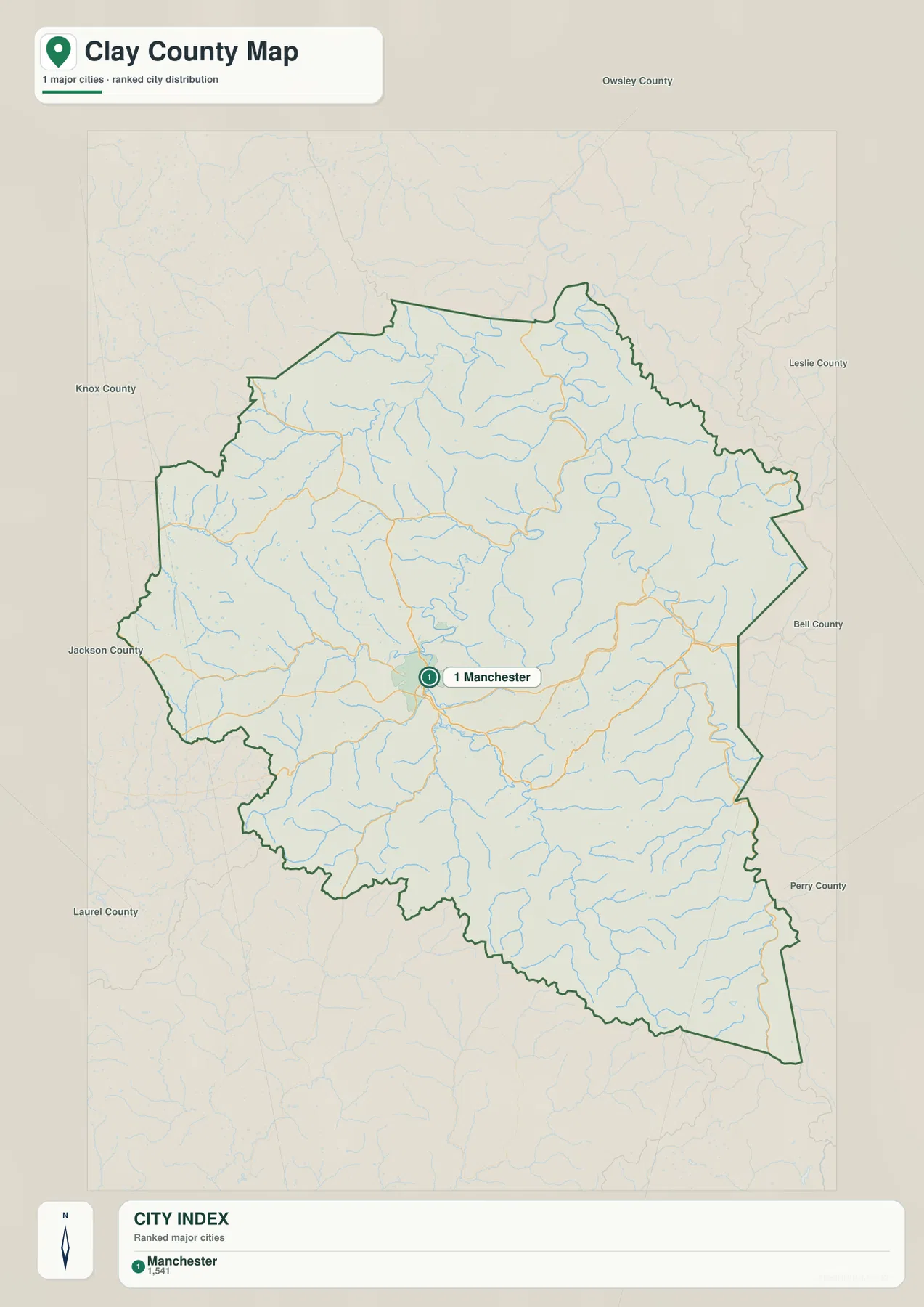 Clay County city map highlighting Manchester and showing surrounding Kentucky counties