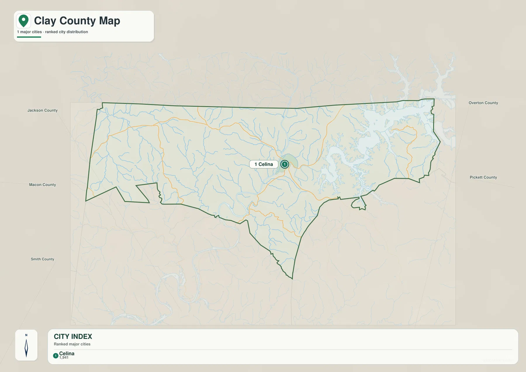 Clay County city map highlighting Celina and nearby Tennessee counties