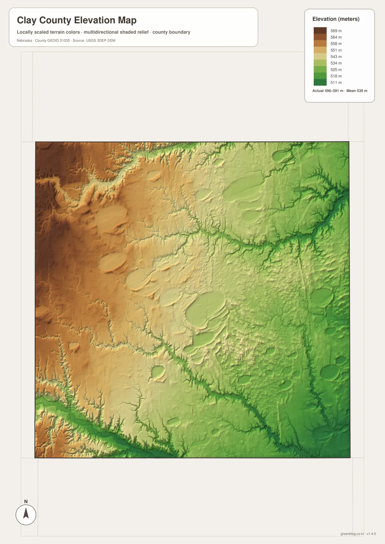 Clay County elevation map showing higher western and northwestern ground and lower eastern and southeastern terrain