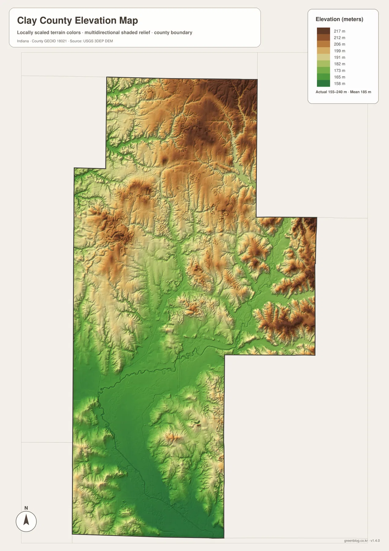 Clay County elevation map showing the low Eel River corridor, higher northern and eastern uplands, and an actual range of 155 to 240 meters