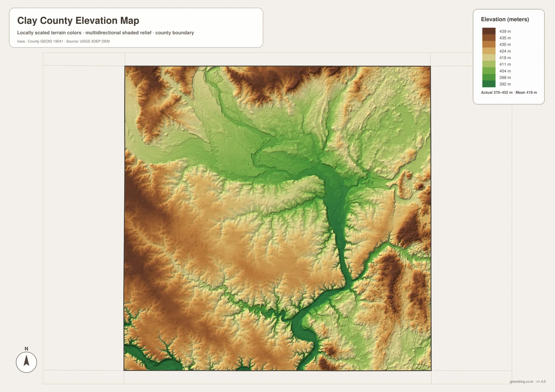 Clay County Iowa elevation map 370 to 452 meters along the Little Sioux River valley