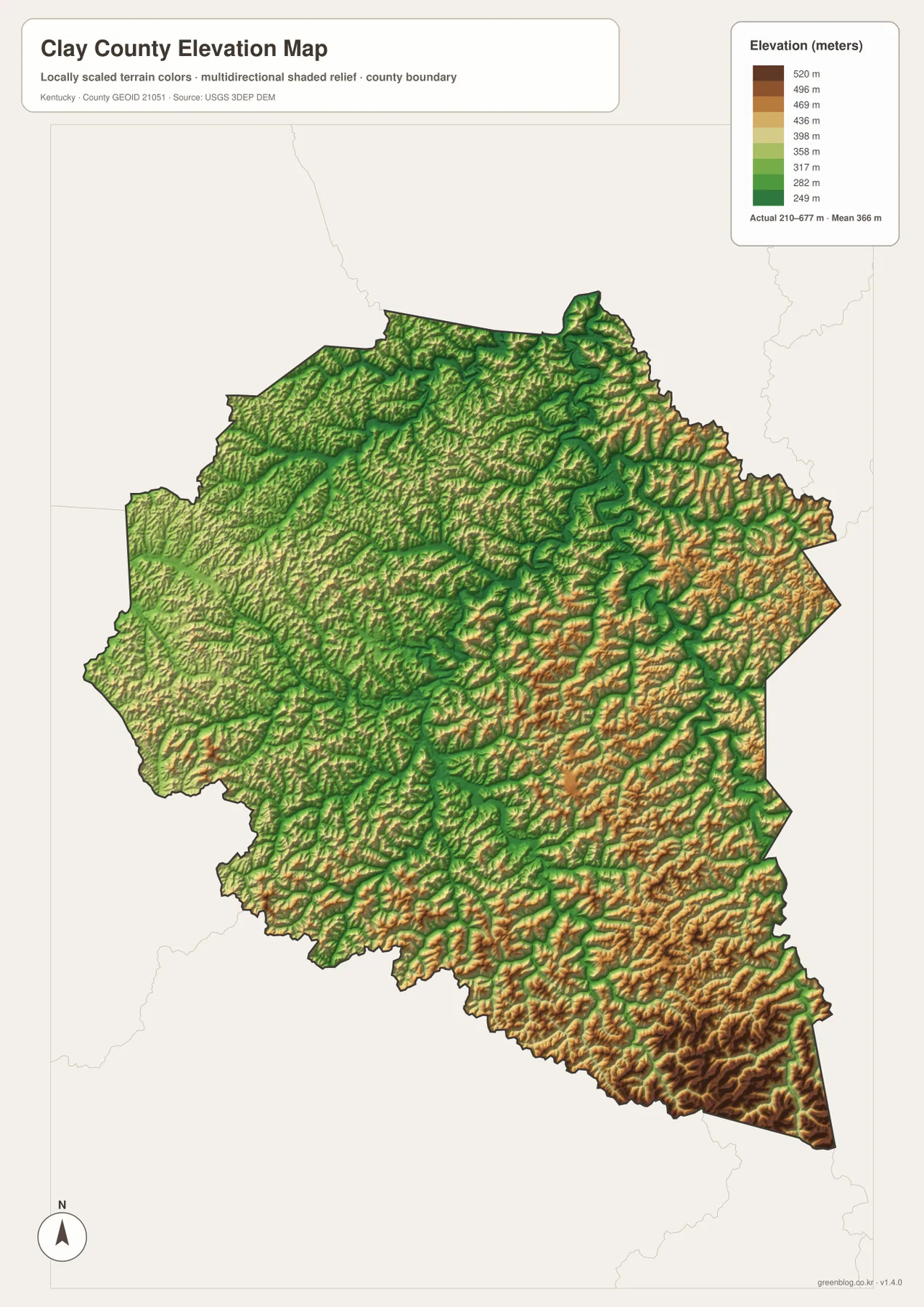 Clay County elevation map showing a 210 to 677 meter range, lower valleys near Manchester, and higher eastern and southeastern ridges