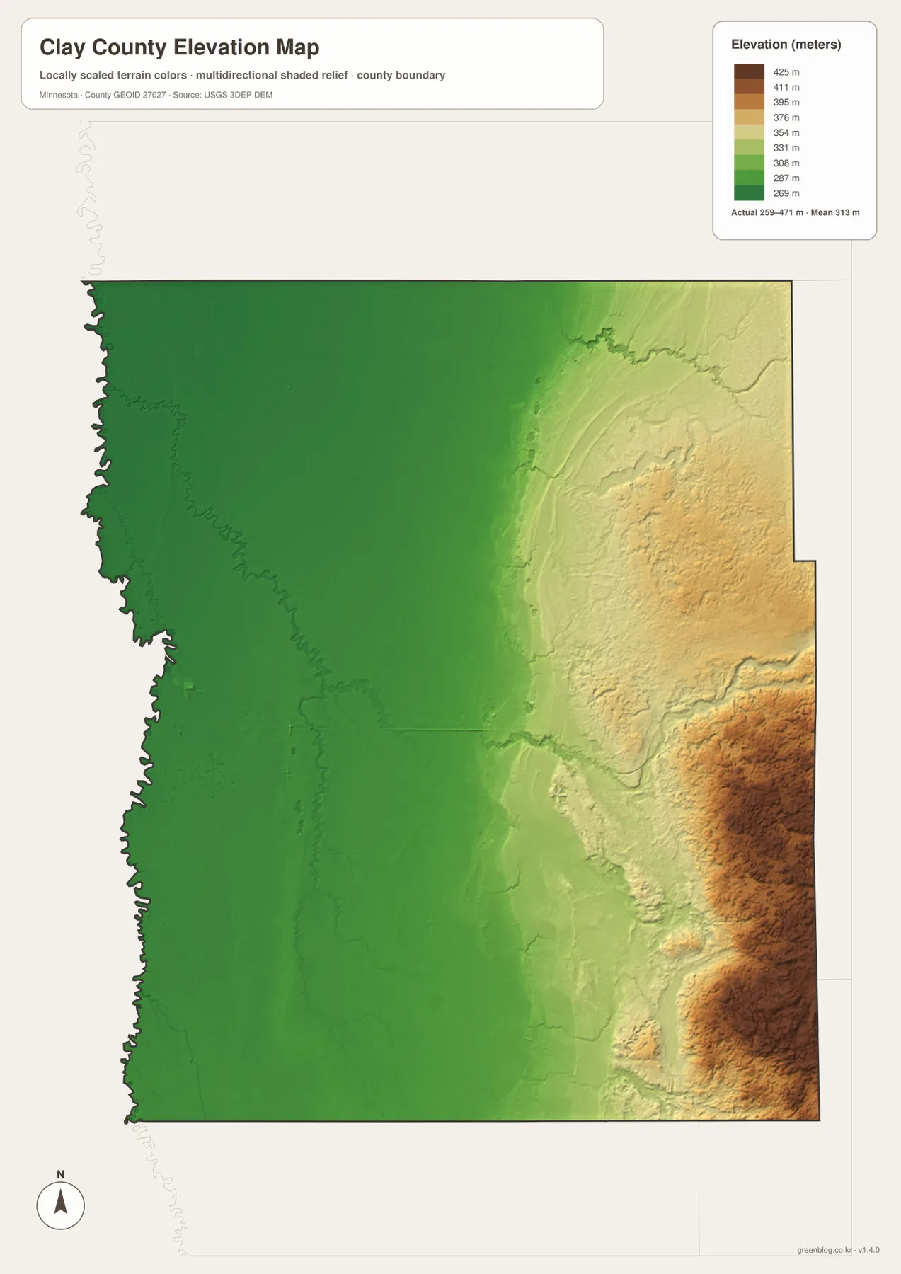 Clay County elevation map showing the 259–471 meter range, flat Red River plain, central rise, and high eastern and southeastern uplands