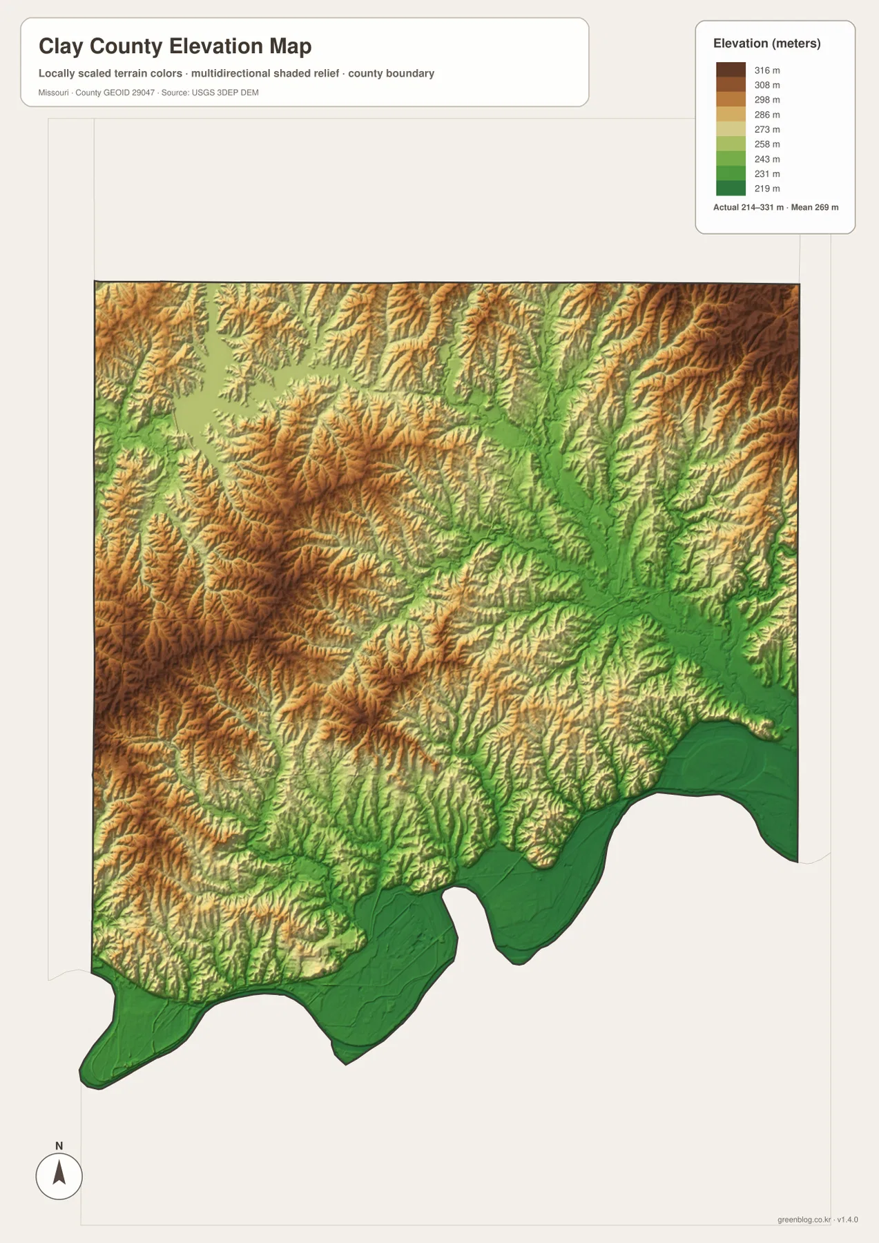 Clay County Missouri elevation map from about 214 to 331 meters