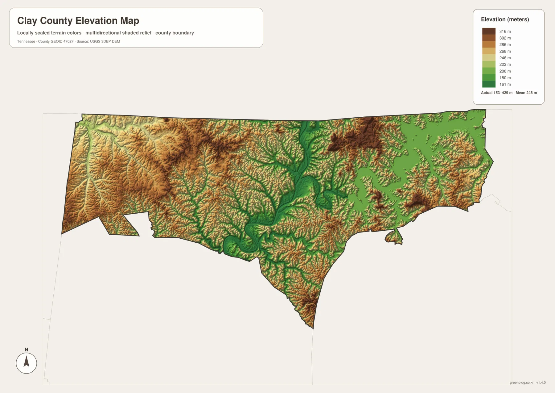 Clay County elevation map showing low Cumberland River valleys and higher surrounding ridges