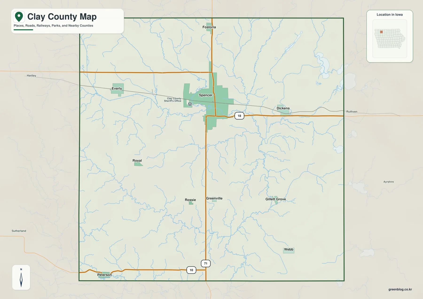 Clay County Iowa road map with Spencer U.S. 18 U.S. 71 and nearby towns