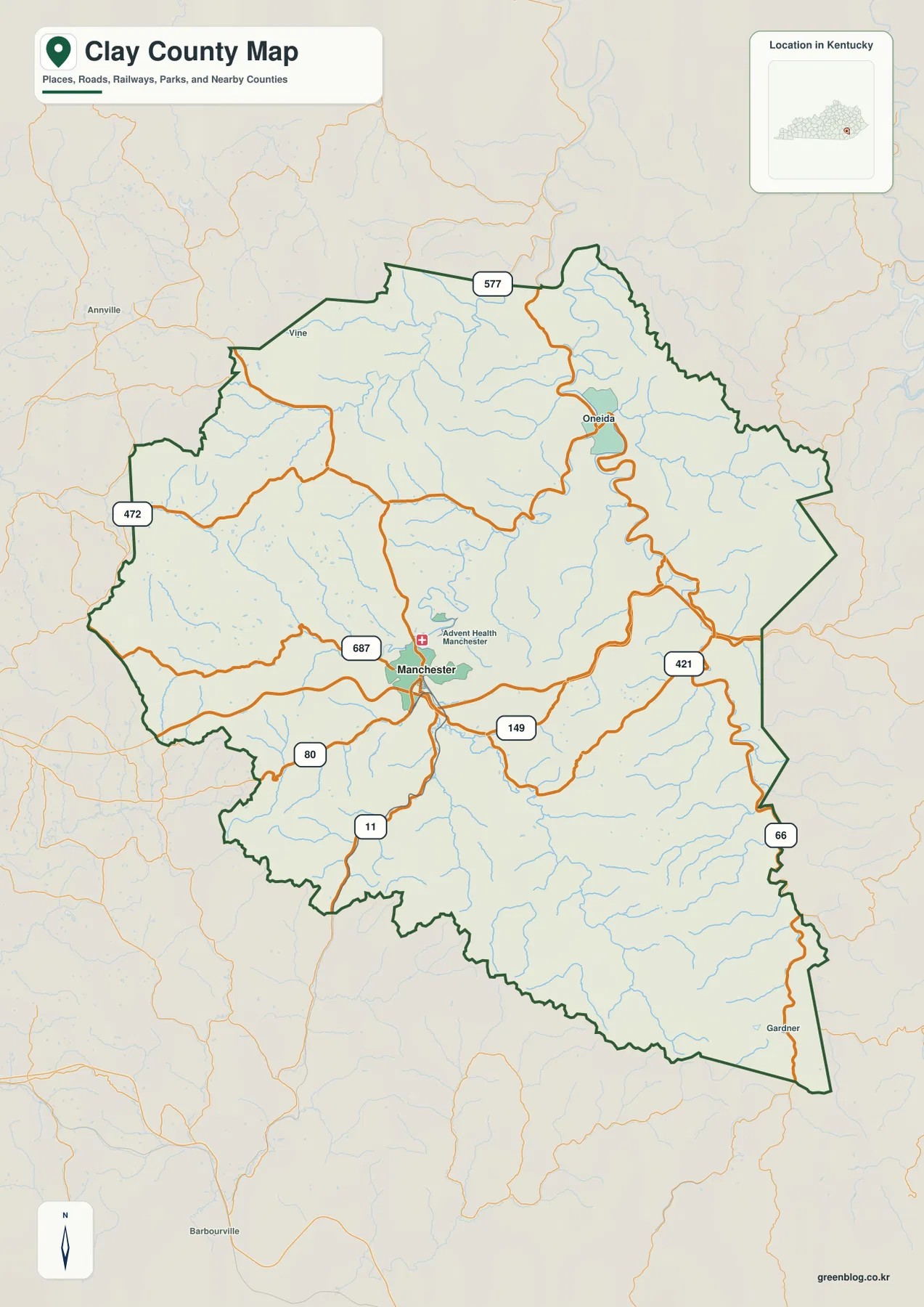 Clay County map showing Manchester, Oneida, routes 421, 11, 80, 149, and the county boundary