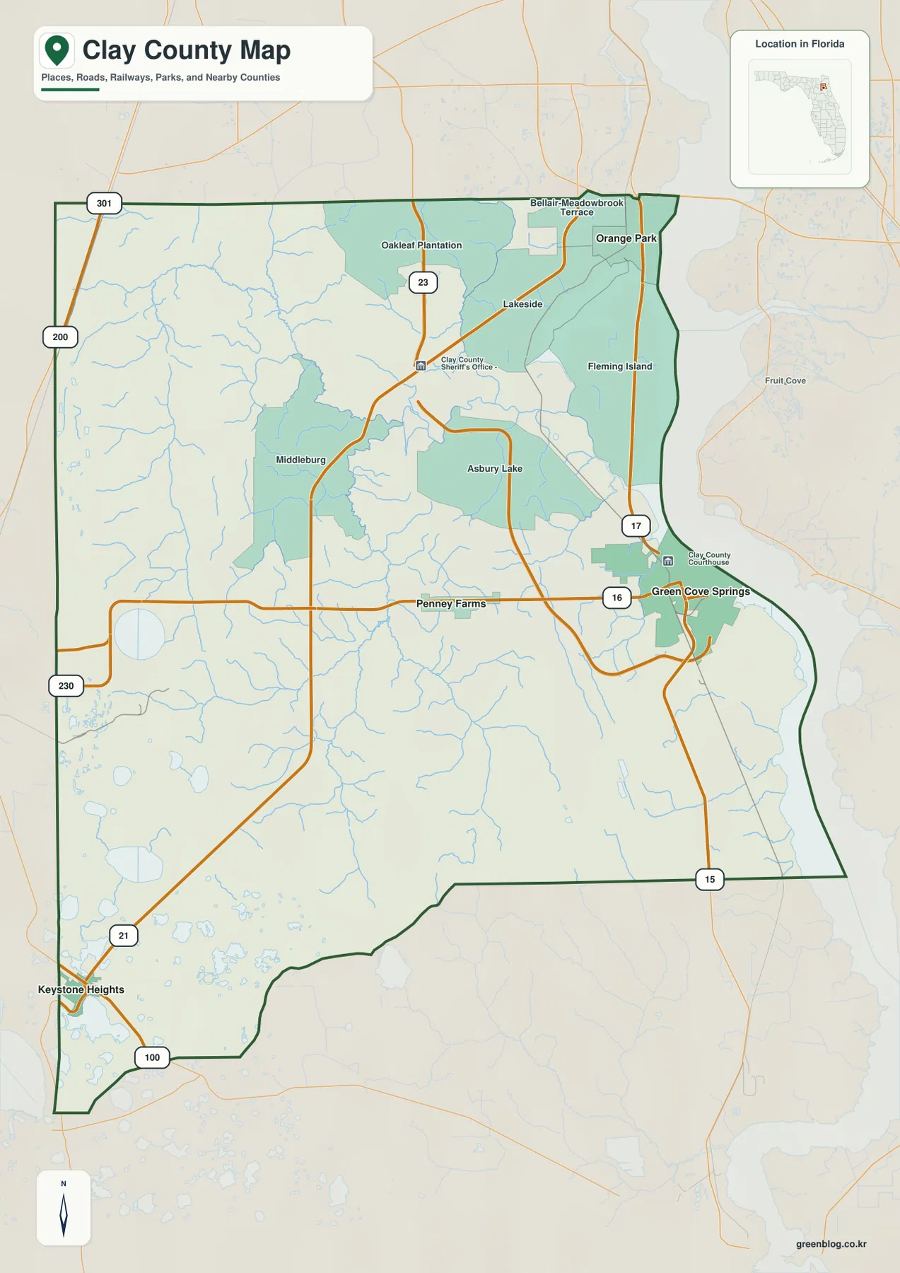 Clay County Florida map showing Green Cove Springs, Orange Park, Fleming Island, Middleburg, and major roads