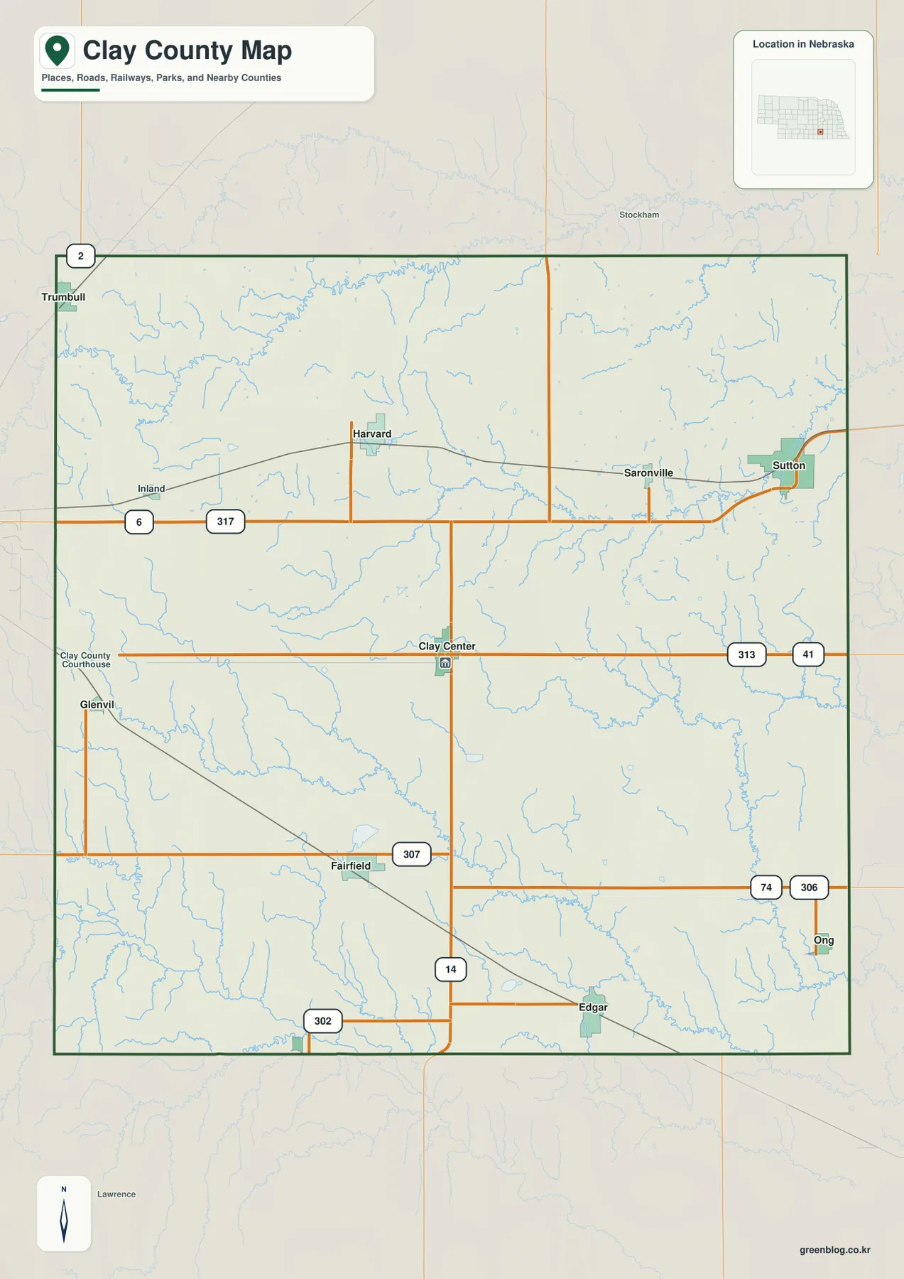 Clay County Nebraska map showing Clay Center, Sutton, Harvard, Fairfield, Edgar, Glenvil, highways, railways, streams, and county boundaries