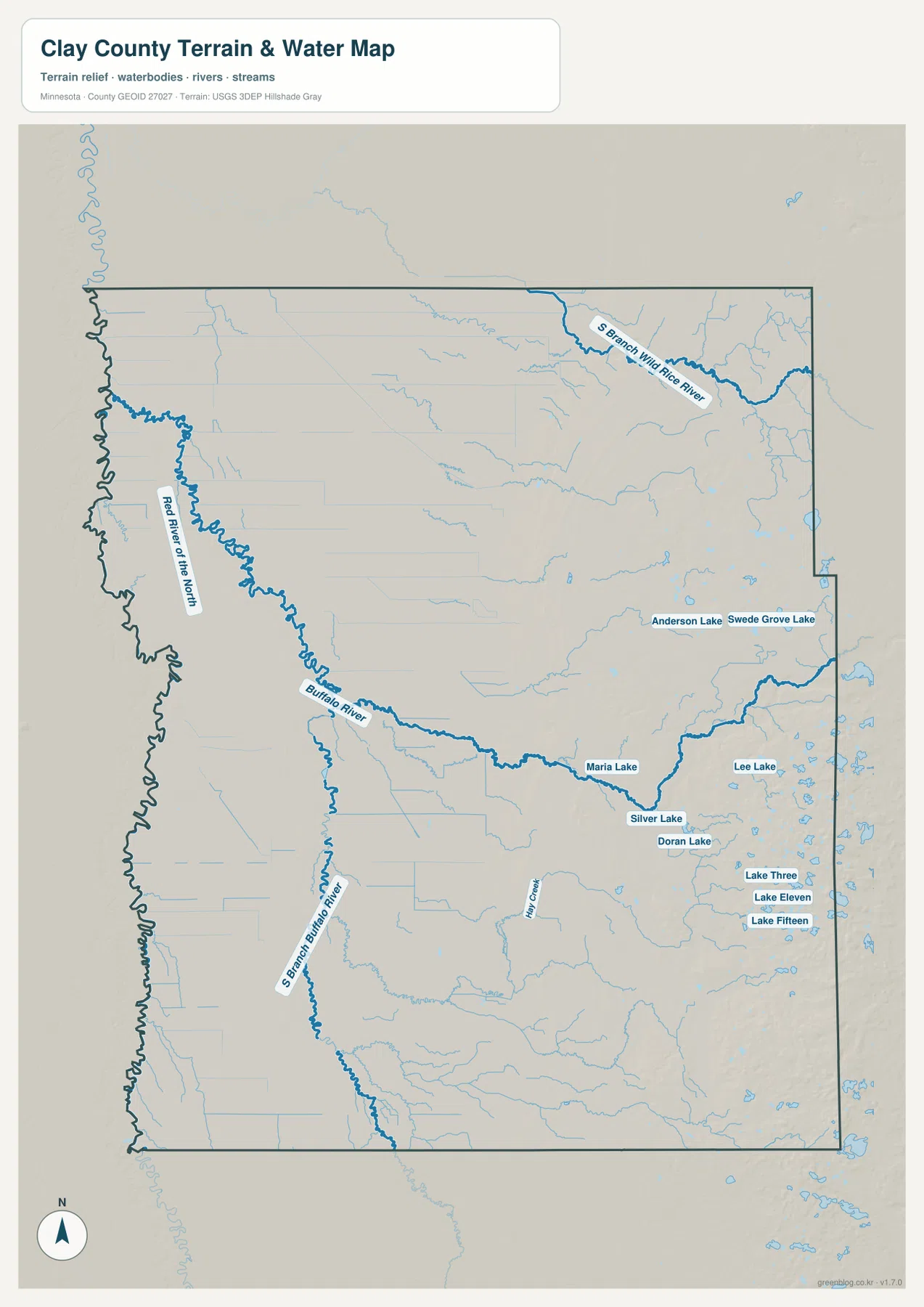 Clay County water map showing the Red River of the North, Buffalo River, South Branch Buffalo River, South Branch Wild Rice River, and eastern lakes