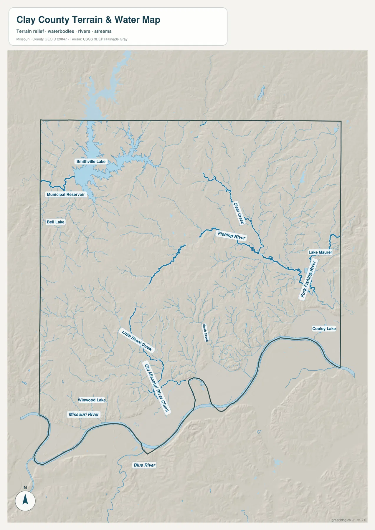 Clay County terrain and water map with Smithville Lake, Fishing River, and Missouri River