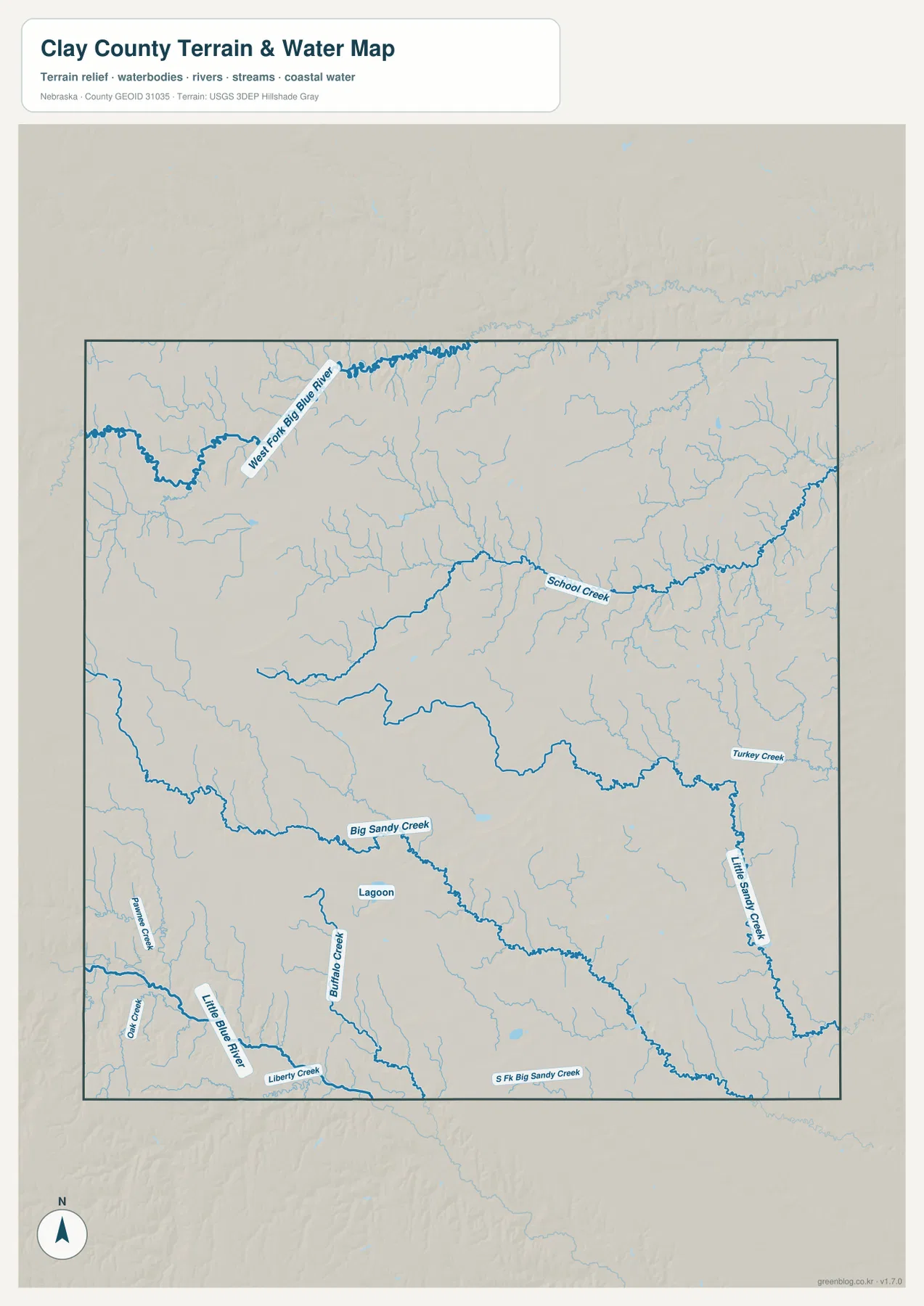 Clay County water map showing West Fork Big Blue River, Big Sandy Creek, School Creek, Little Blue River, Little Sandy Creek, and tributaries