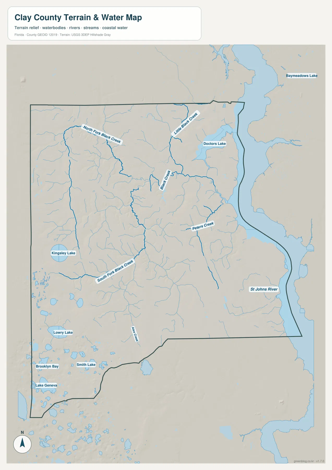 Clay County water map showing St. Johns River, North and South Fork Black Creek, Doctors Lake, and Kingsley Lake