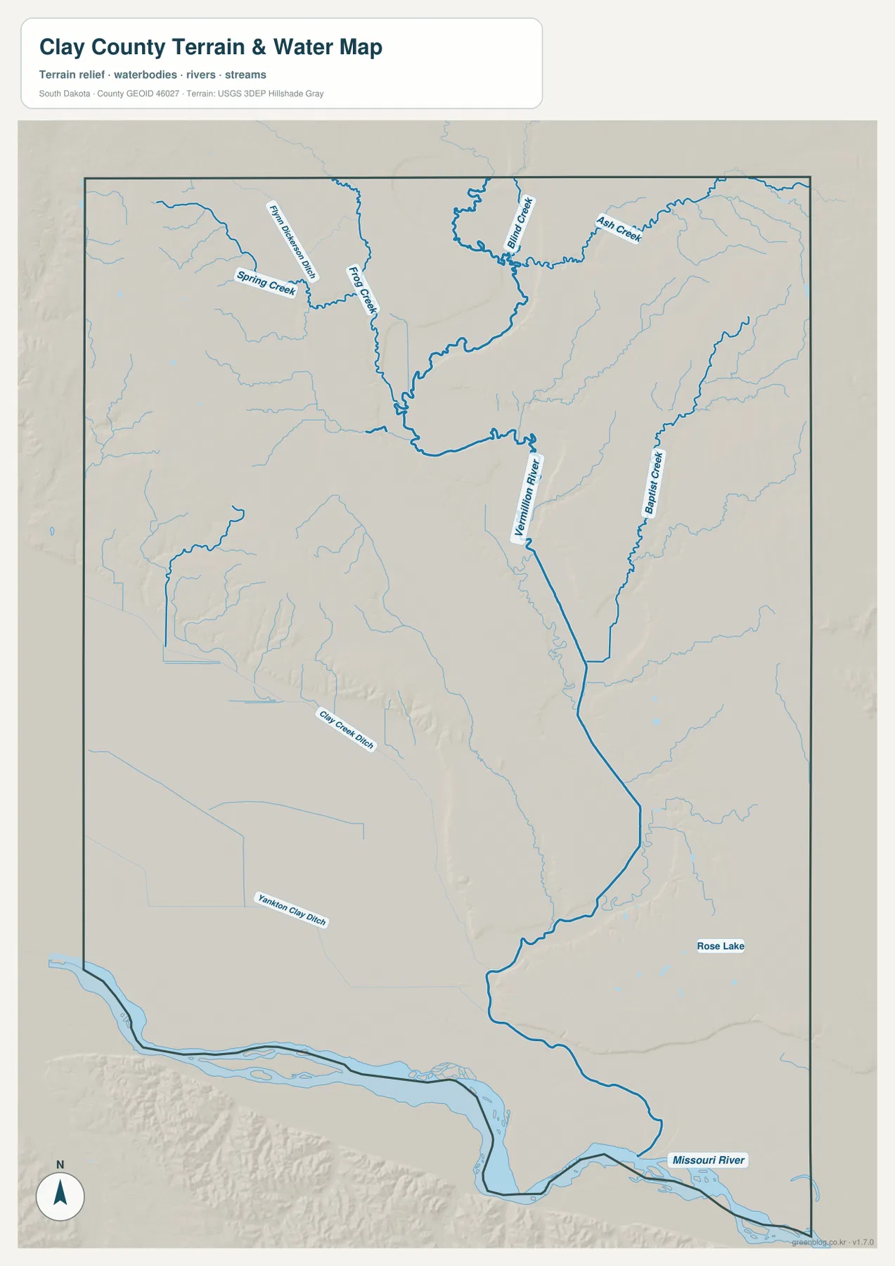 Vermillion River, Missouri River, Spring Creek, Frog Creek, Blind Creek, Ash Creek, Baptist Creek와 Rose Lake가 표시된 클레이 카운티 수역 지도