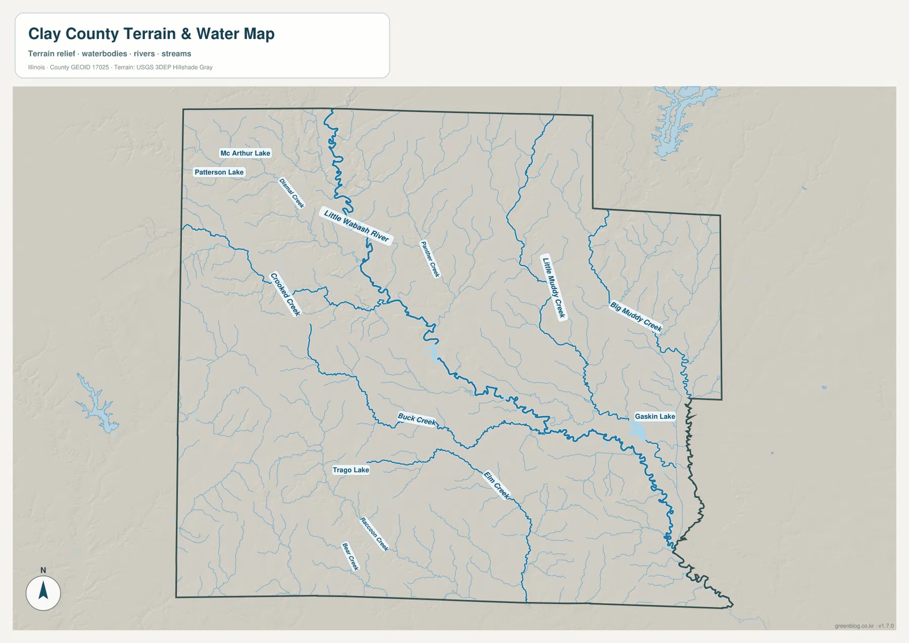 Little Wabash River, Crooked Creek, Little Muddy Creek, Big Muddy Creek, Buck Creek와 여러 호수를 보여 주는 클레이 카운티 수역 지형 지도