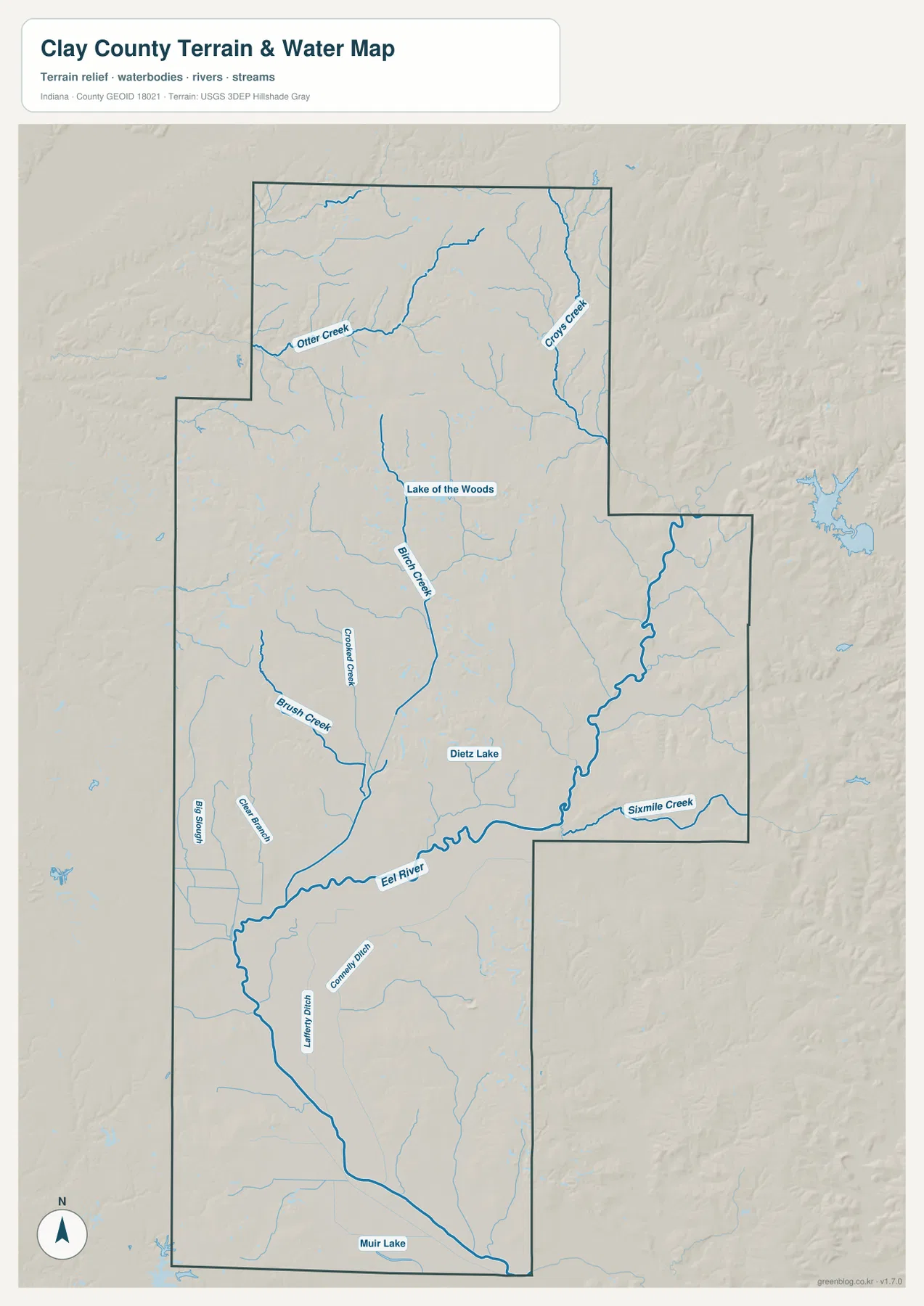 Clay County Indiana terrain and water map showing the Eel River, Birch Creek, Otter Creek, Croy's Creek, Sixmile Creek and several lakes