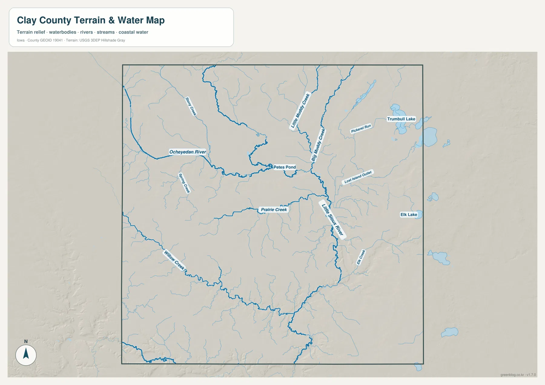 Clay County water map with Ocheyedan River Little Sioux River Trumbull Lake and Elk Lake