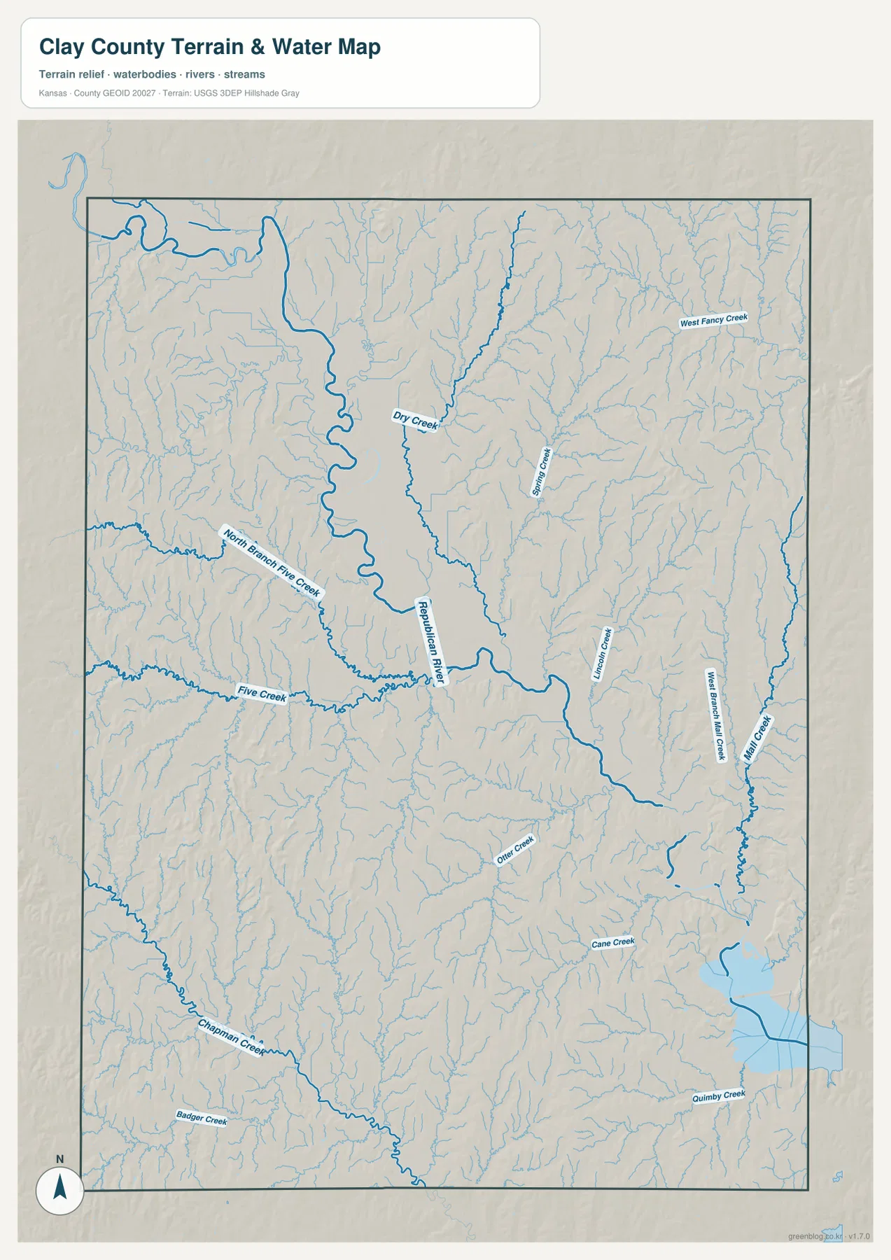 클레이 카운티 수역 지도에 표시된 Republican River, Dry Creek, Five Creek, Mill Creek와 Chapman Creek