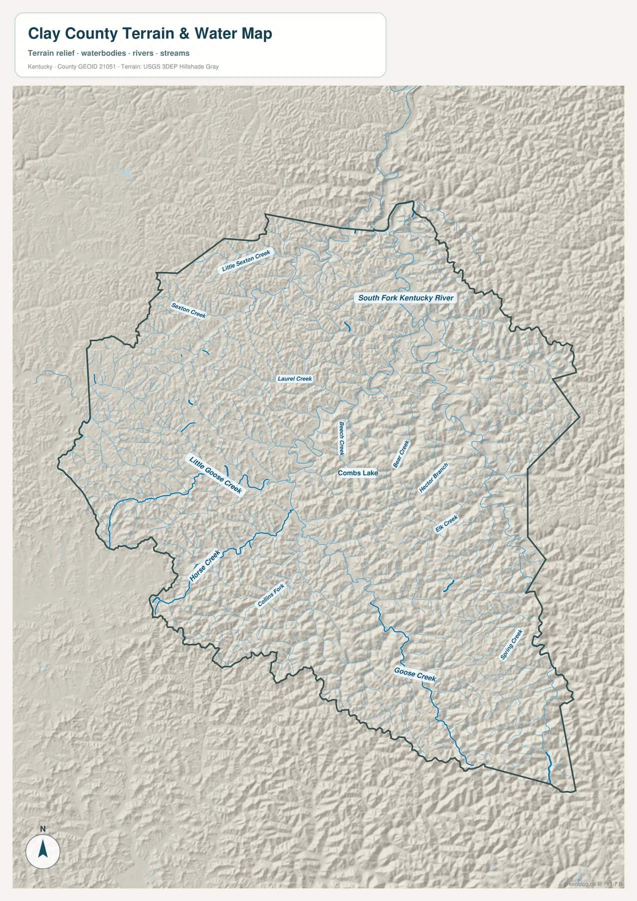 Clay County terrain and water map showing South Fork Kentucky River, Sexton Creek, Laurel Creek, Goose Creek, and Combs Lake
