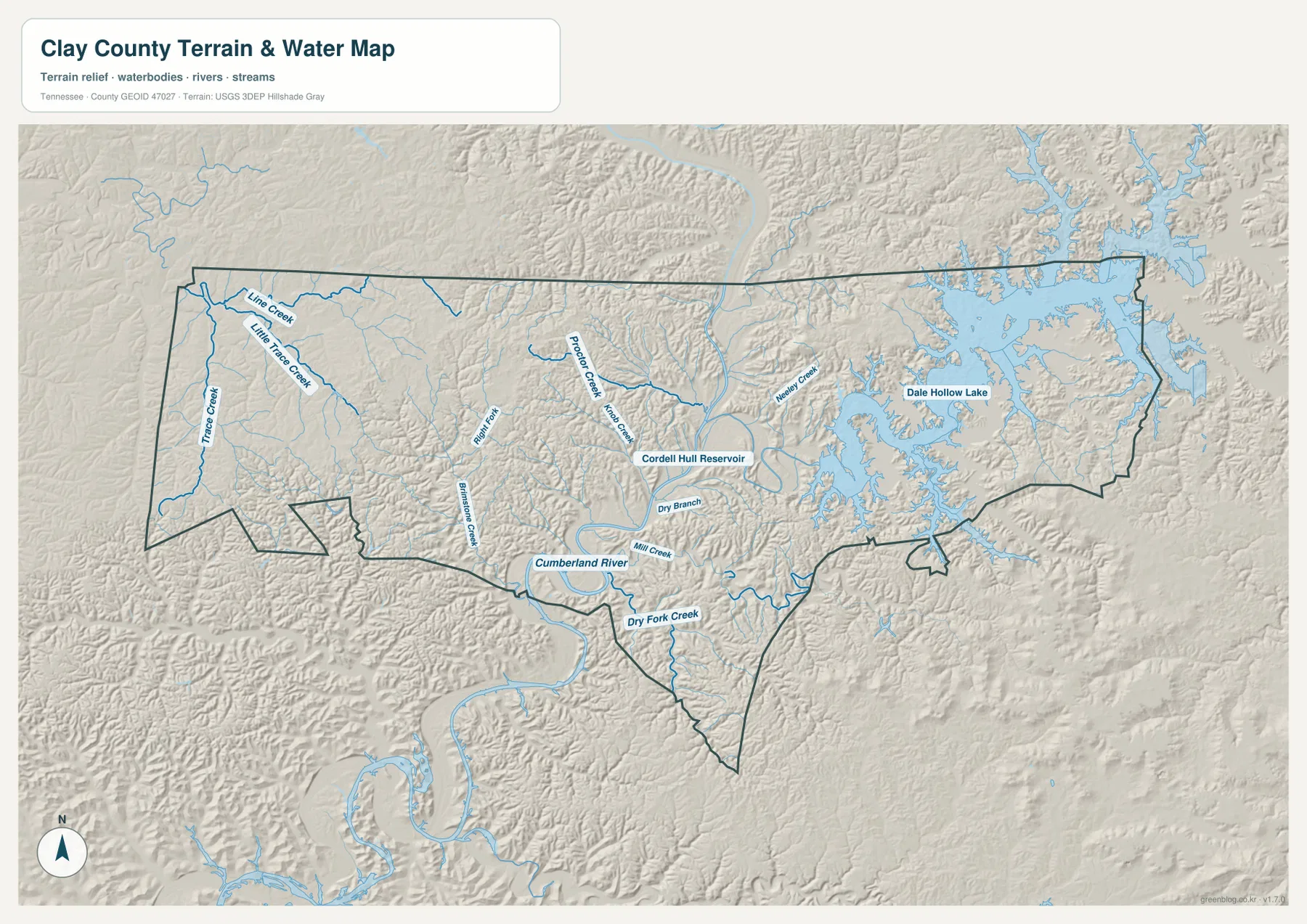 Clay County water map showing Dale Hollow Lake, Cordell Hull Reservoir, Cumberland River, and named creeks