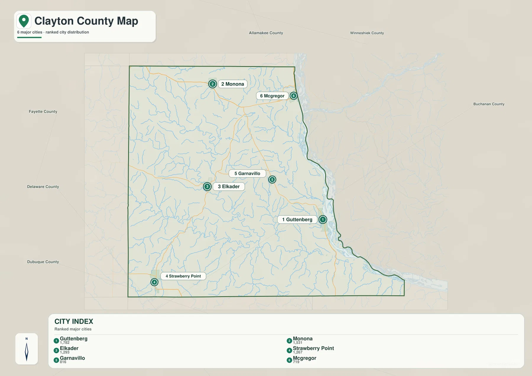 Clayton County city map of Guttenberg Monona Elkader Strawberry Point Garnavillo and McGregor