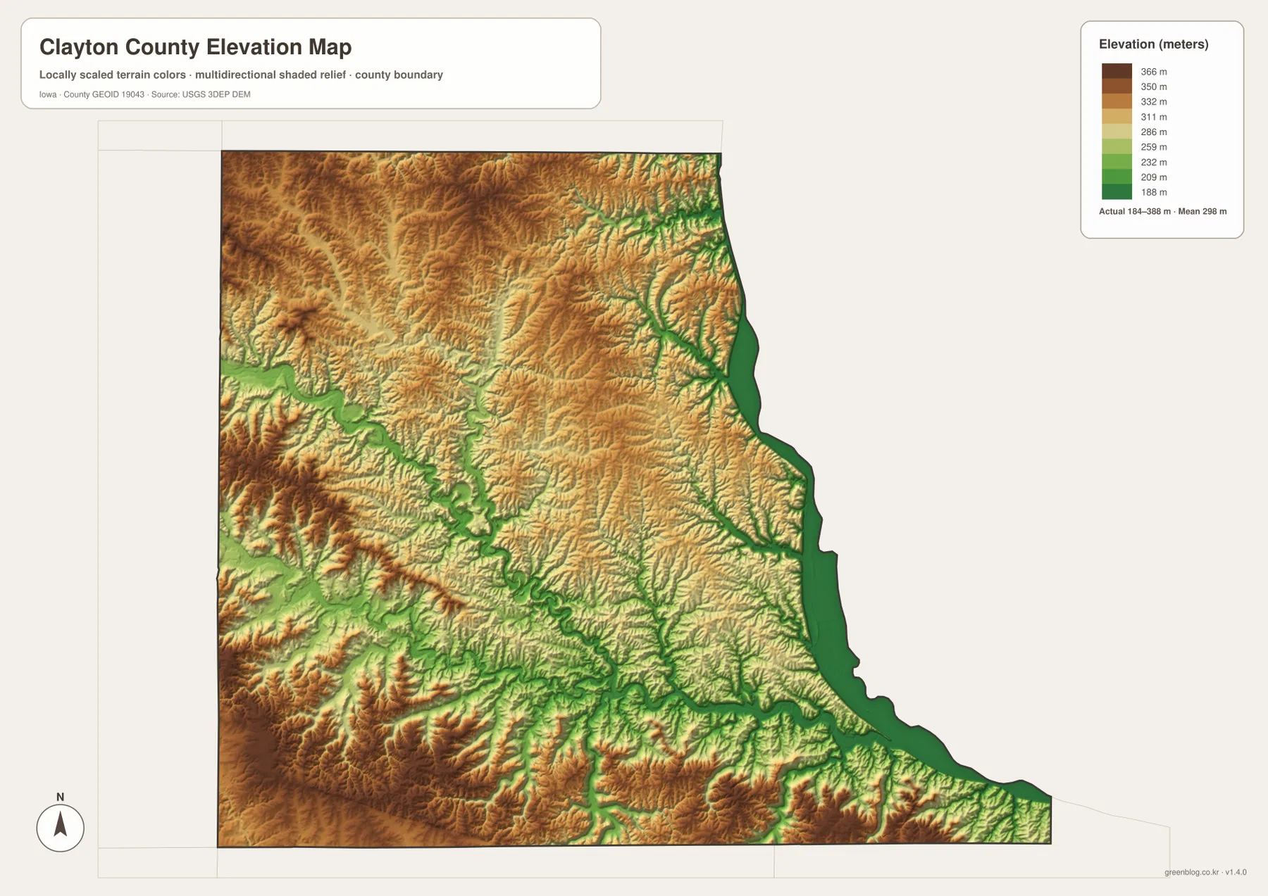 Clayton County elevation map 184 to 388 meters Mississippi River bluffs and Turkey River valleys