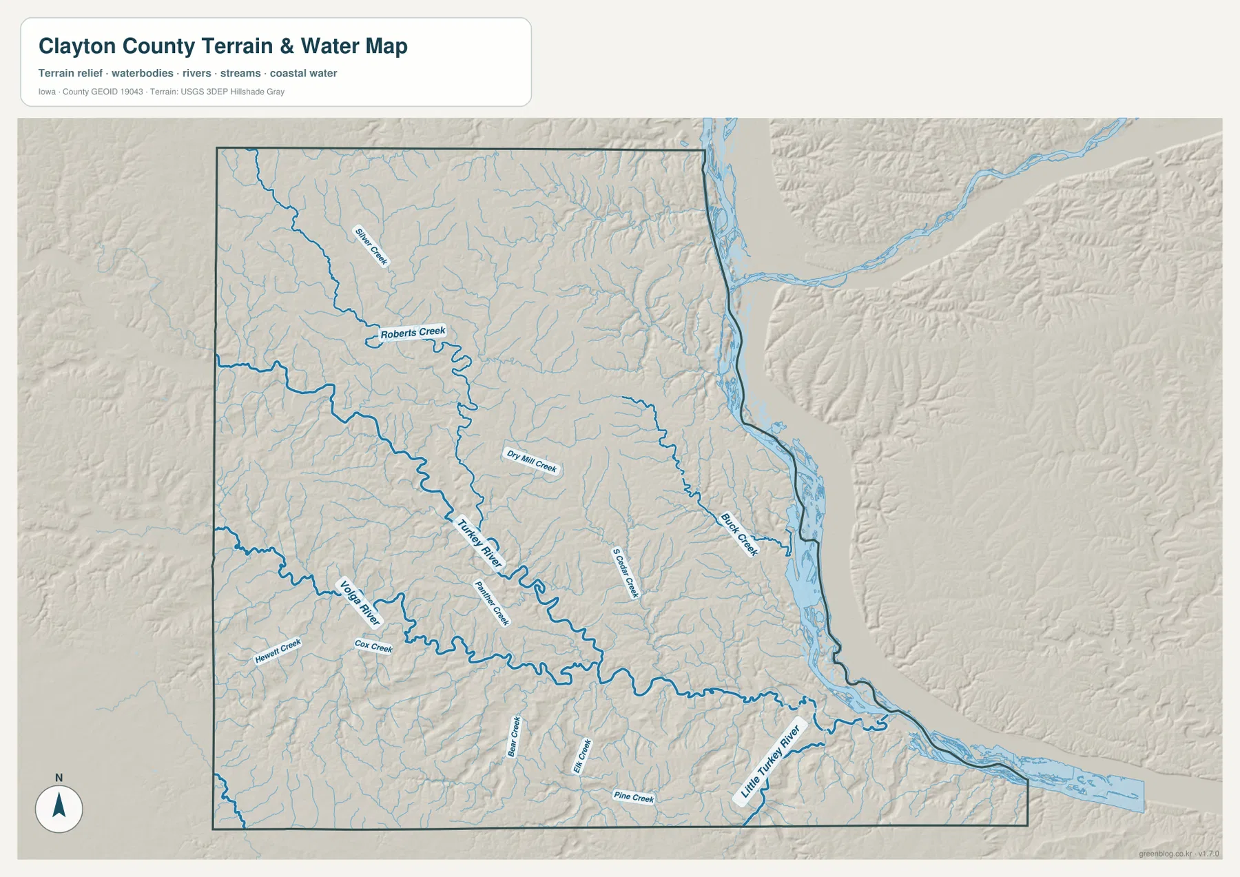 Clayton County terrain and water map with Turkey River Volga River Roberts Creek and Mississippi River