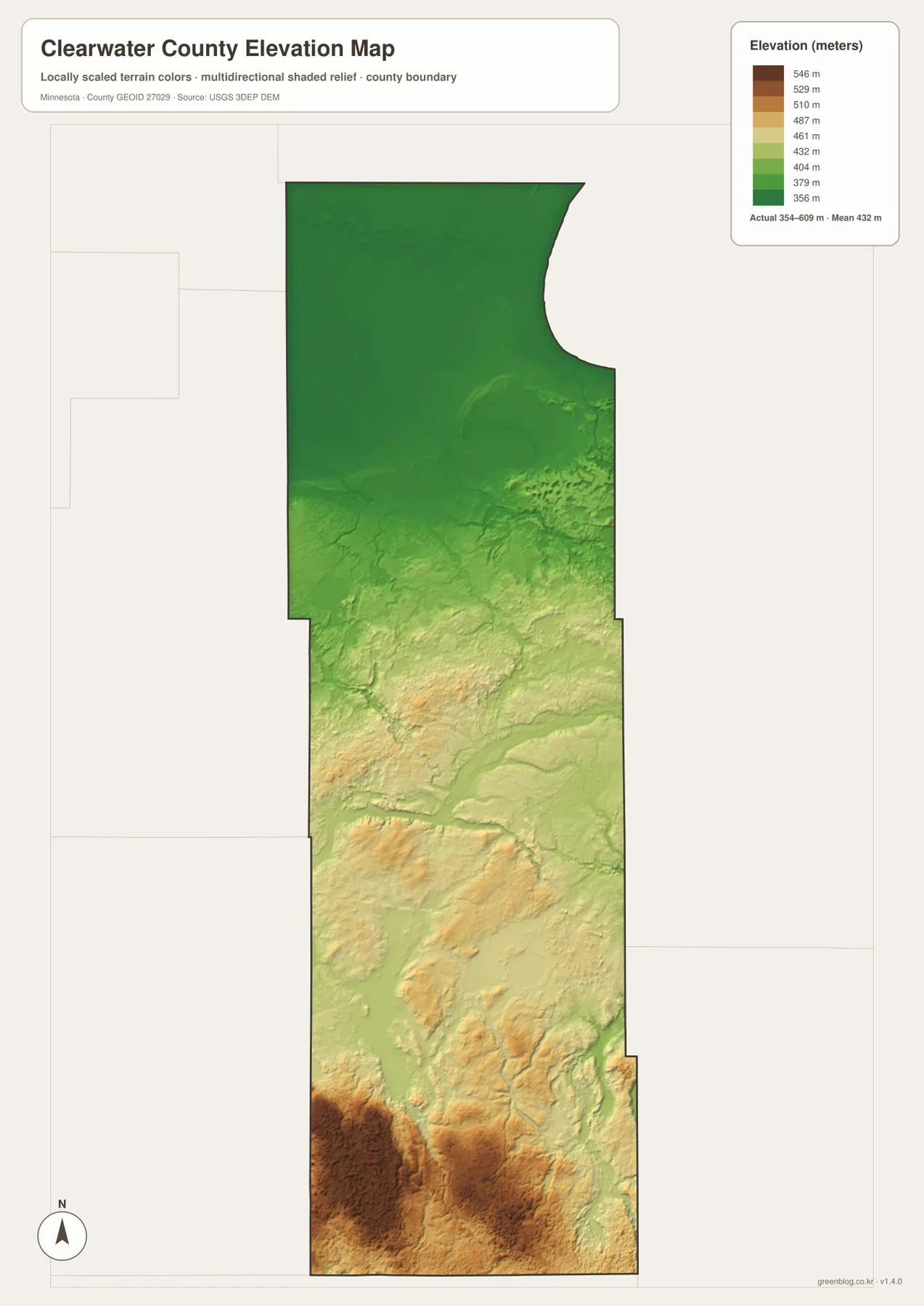 Clearwater County elevation map showing lower terrain in the north and higher hills in the south