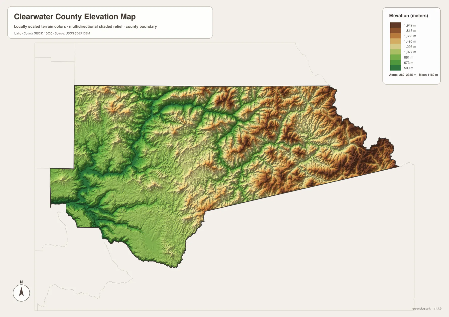 Clearwater County elevation map showing lower western valleys and higher eastern mountains