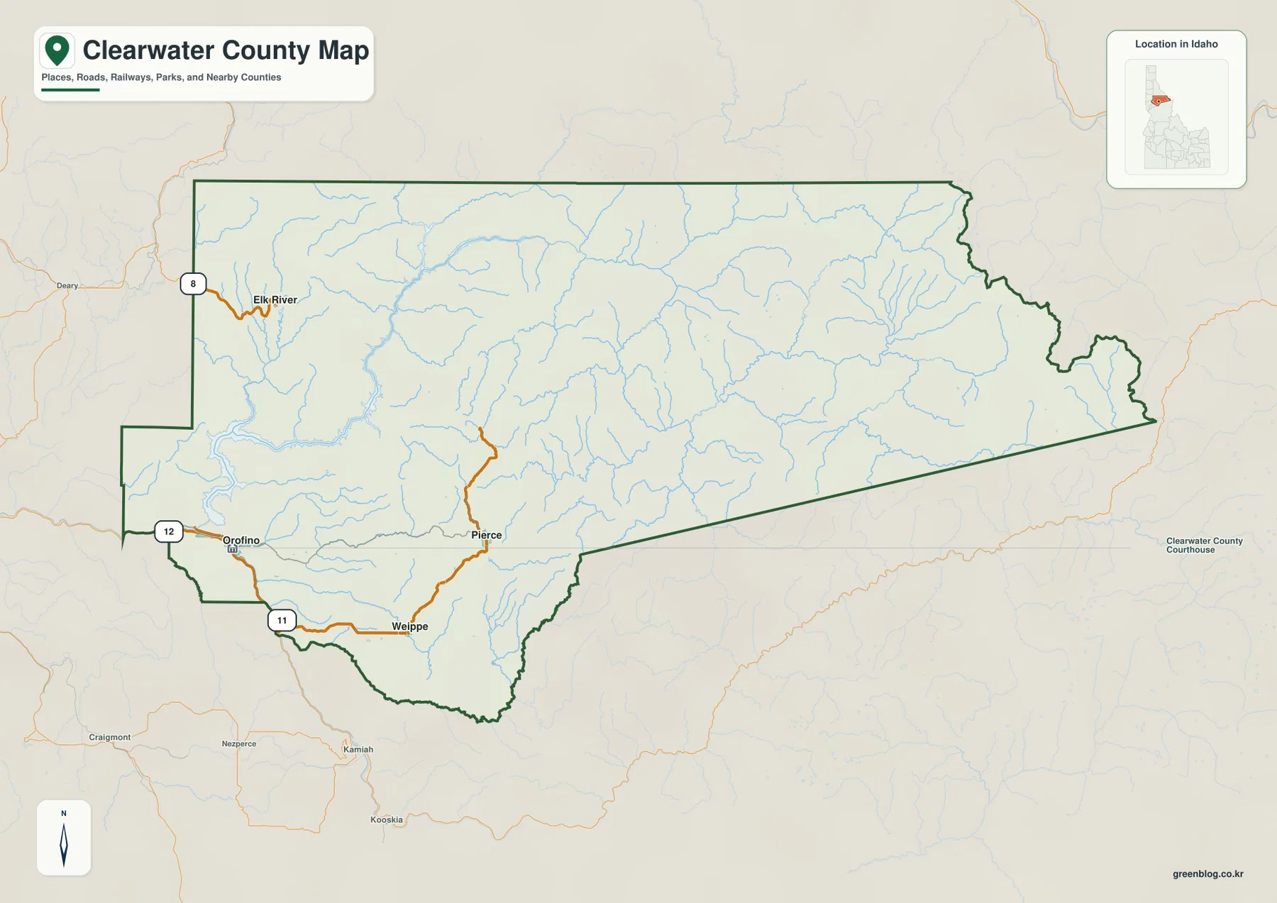 Clearwater County Idaho map showing Orofino, Pierce, Weippe, Elk River and major roads