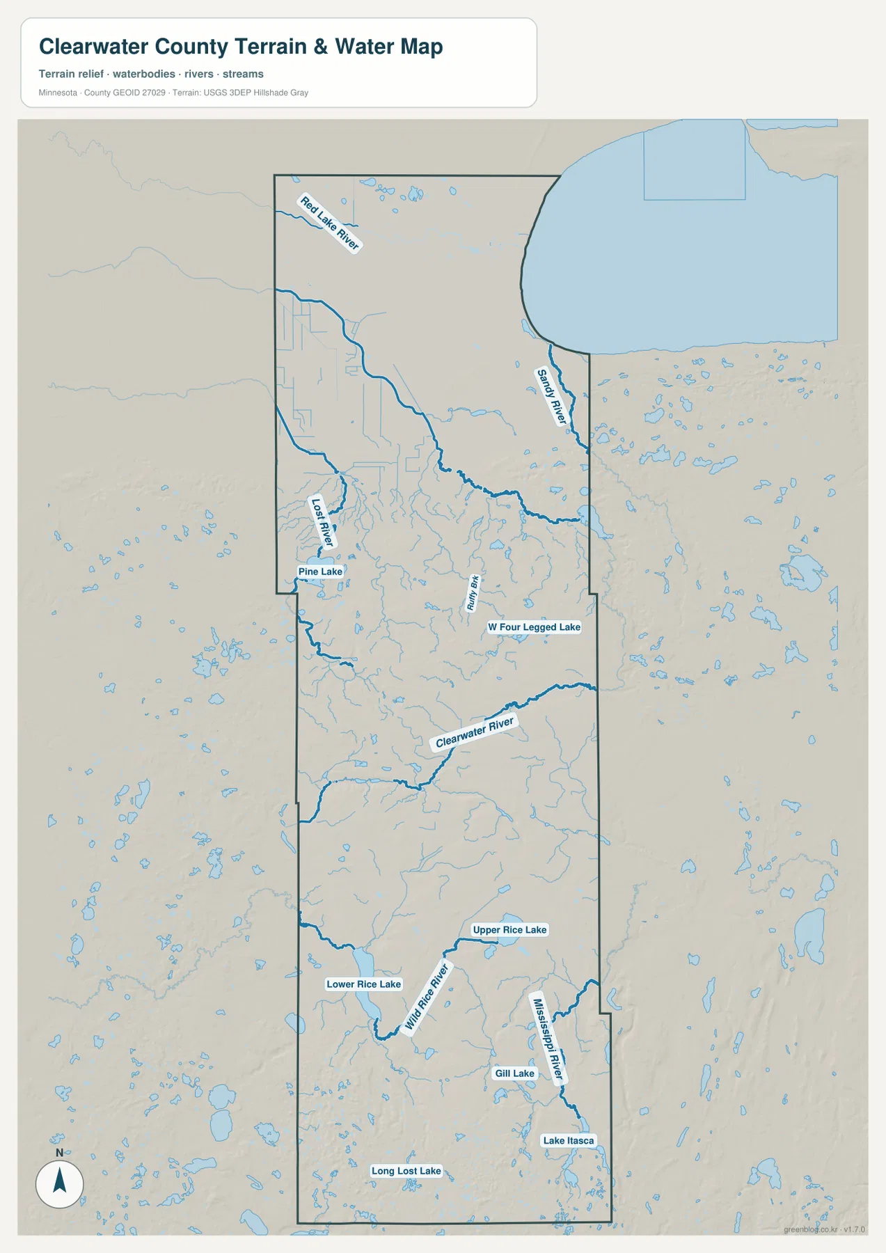 Terrain and water map of Clearwater County showing the Clearwater River, Wild Rice River, Mississippi River, and Lake Itasca
