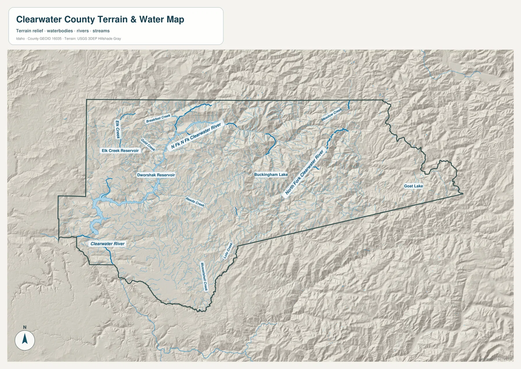 Clearwater County terrain and water map showing Clearwater River, Dworshak Reservoir, North Fork Clearwater River and mountain tributaries