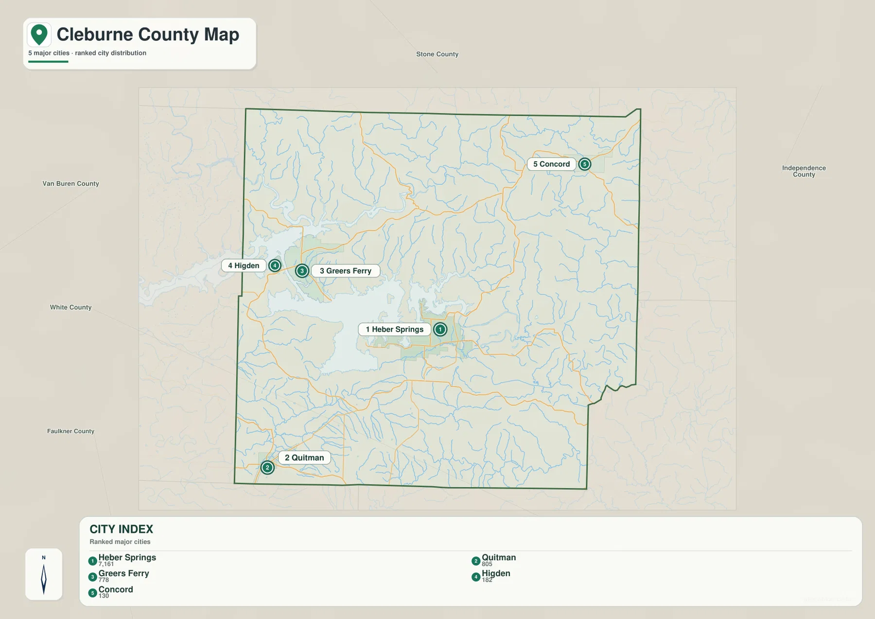 클레번 카운티 도시 지도에 Heber Springs, Quitman, Greers Ferry, Higden, Concord가 표시된 모습