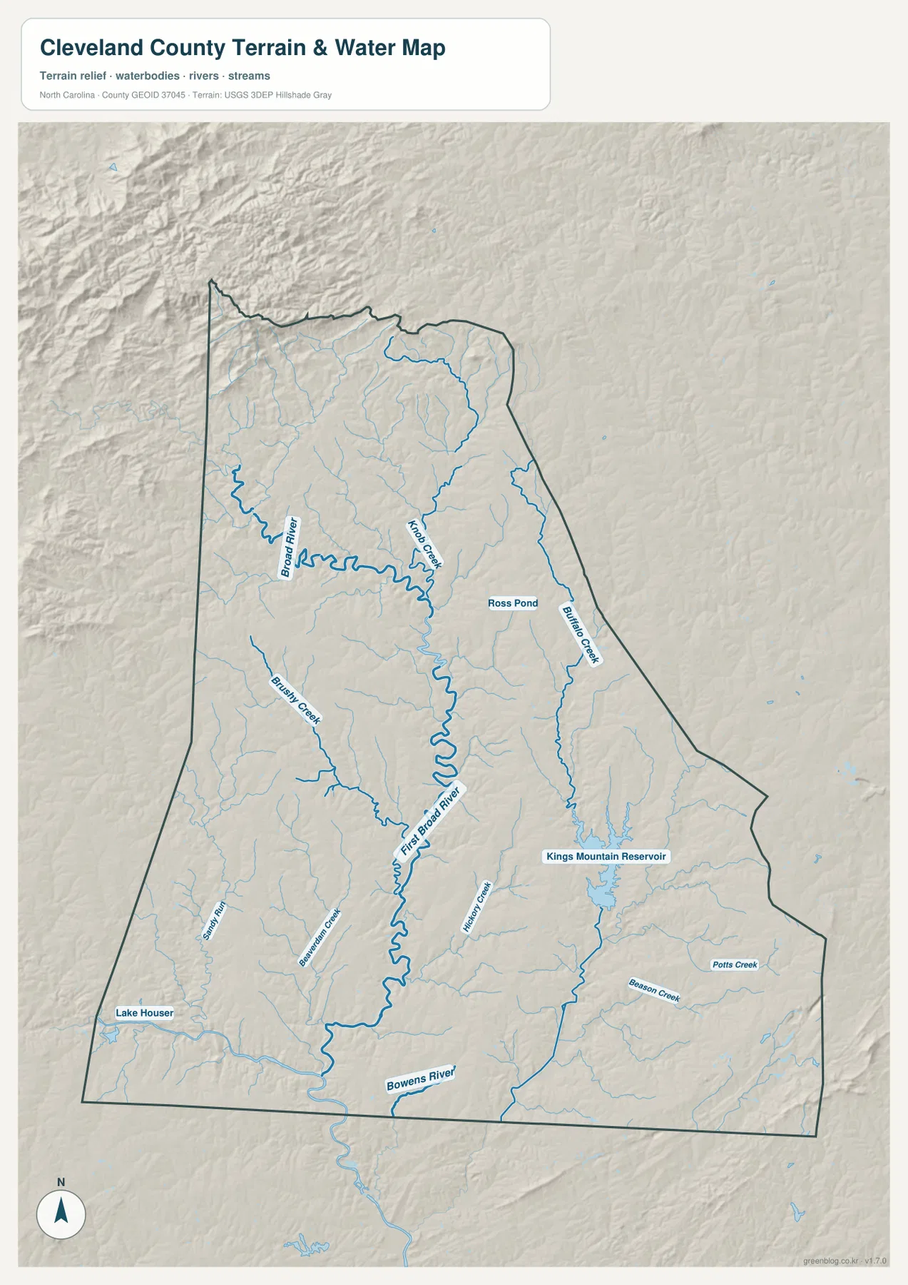 클리블랜드 카운티 수역 지도 Broad River First Broad River Kings Mountain Reservoir