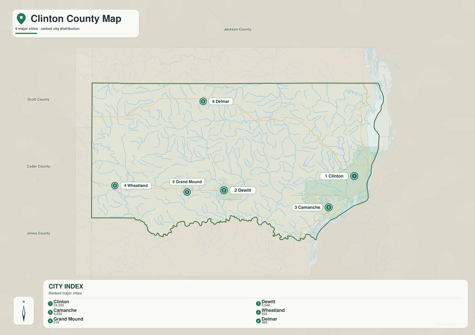 Clinton County Iowa city map Clinton DeWitt Camanche Wheatland Grand Mound Delmar