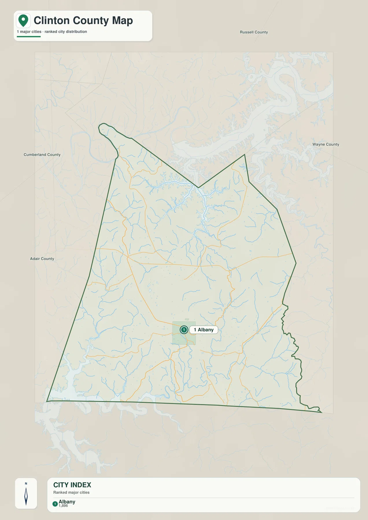 Clinton County city map highlighting Albany and showing the directions of Russell, Wayne, Cumberland, and Adair counties