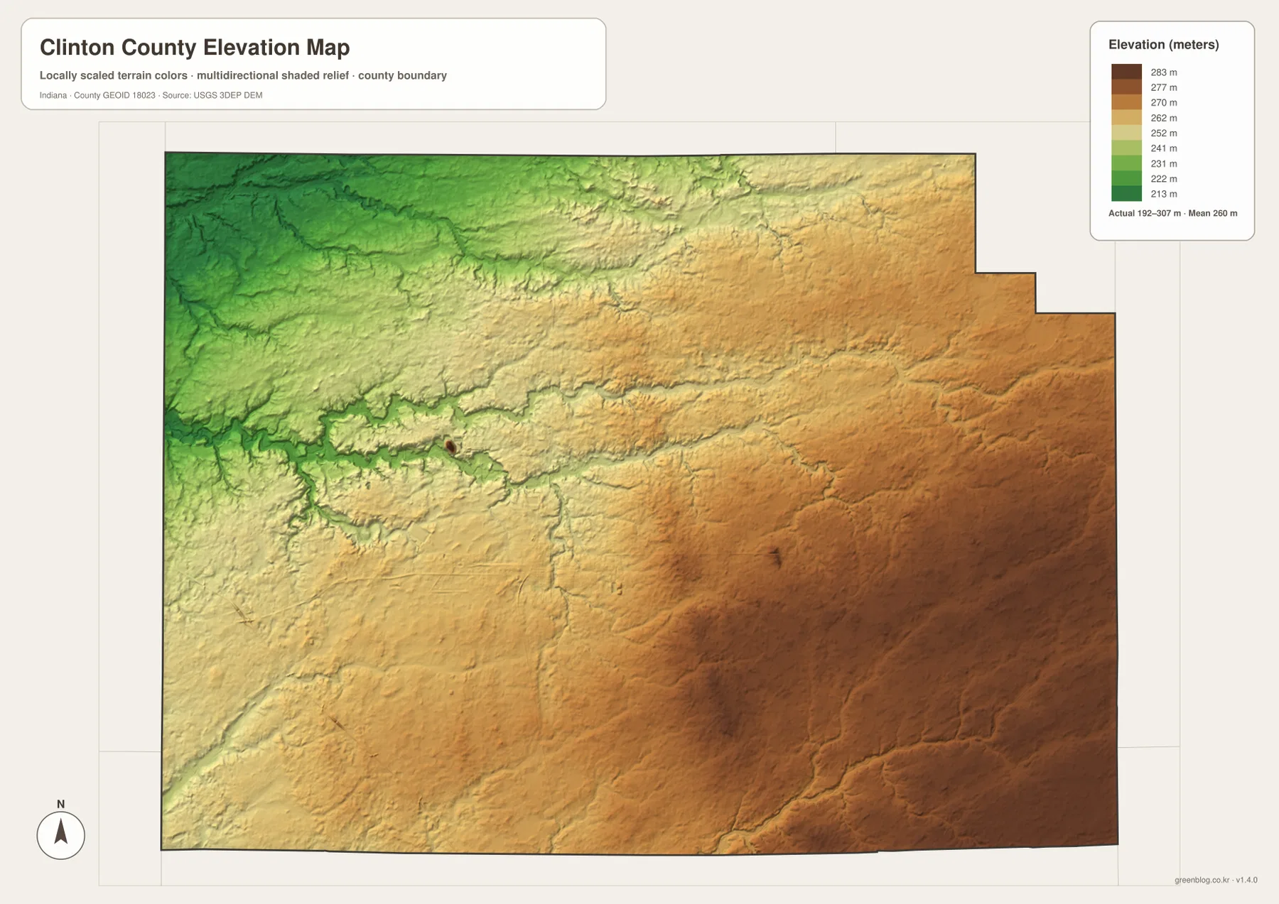Clinton County Indiana elevation map showing the 192 to 307 meter range, lower northwest, and higher eastern terrain
