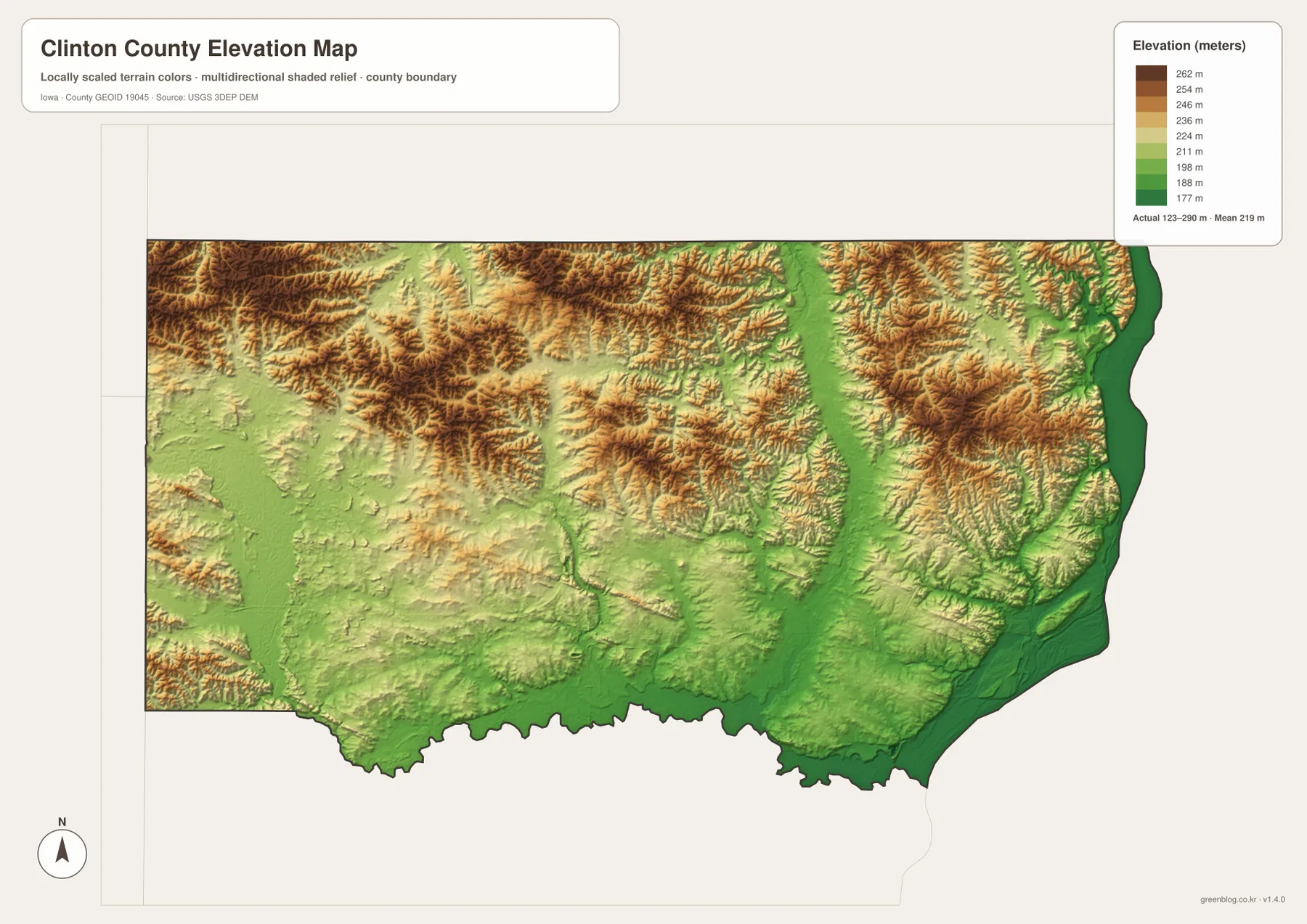 Clinton County Iowa elevation map 123 to 290 meters Mississippi River lowlands