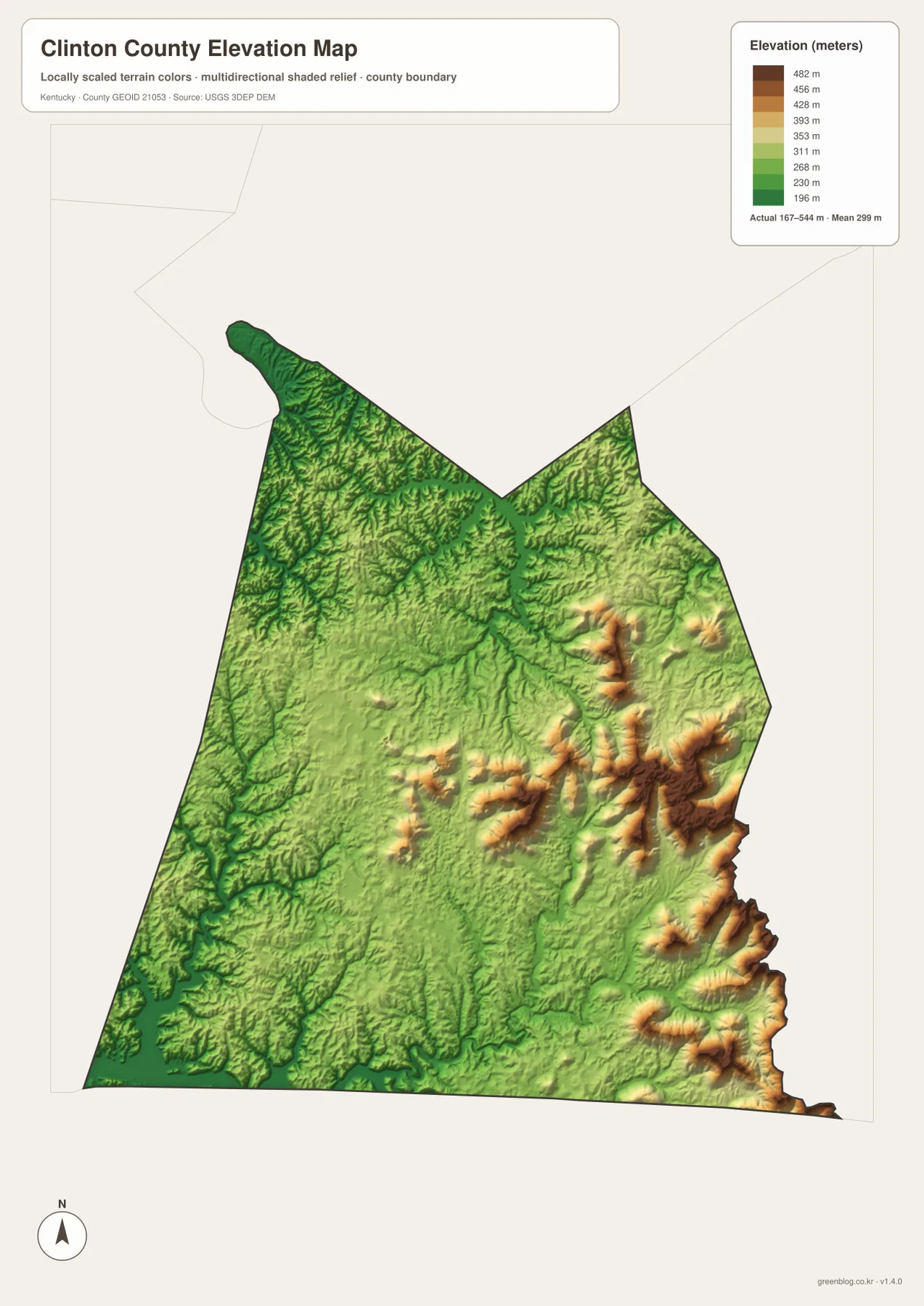 Clinton County elevation map showing the 167 to 544 meter range, lower western valleys, and higher eastern and southeastern ridges