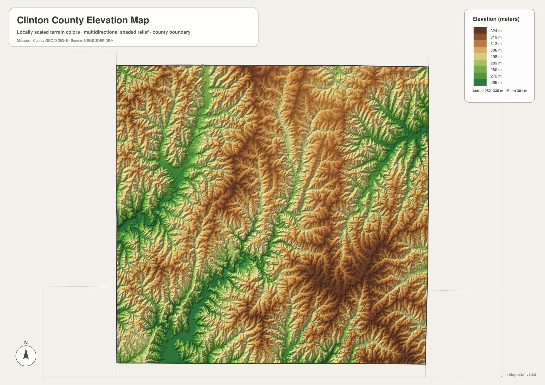 Clinton County Missouri elevation map showing a 252 to 335 meter range with stream valleys and rolling ridges