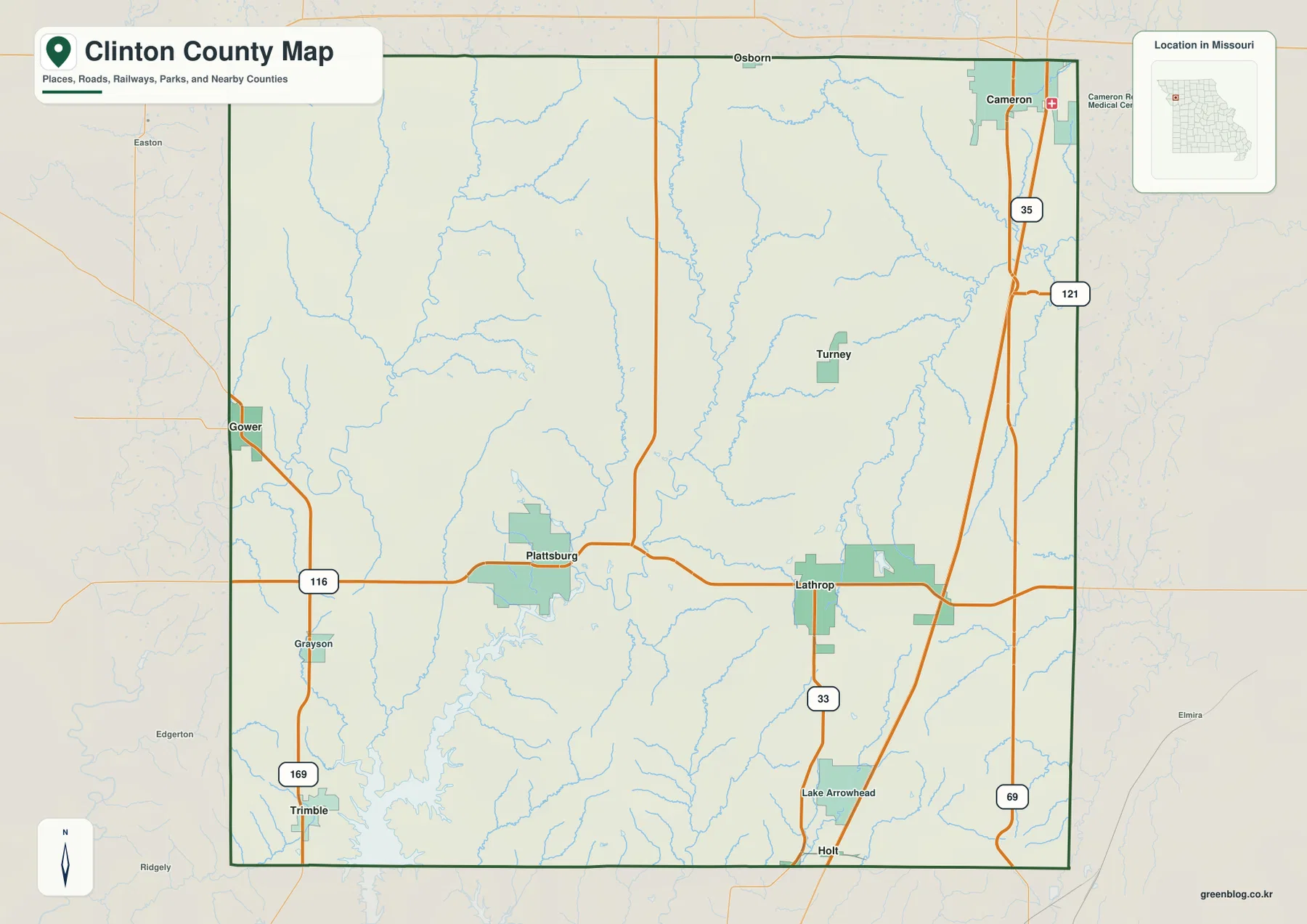 Clinton County Missouri map showing Plattsburg, Lathrop, Cameron, Gower, Trimble, Route 116, I-35, and U.S. 169