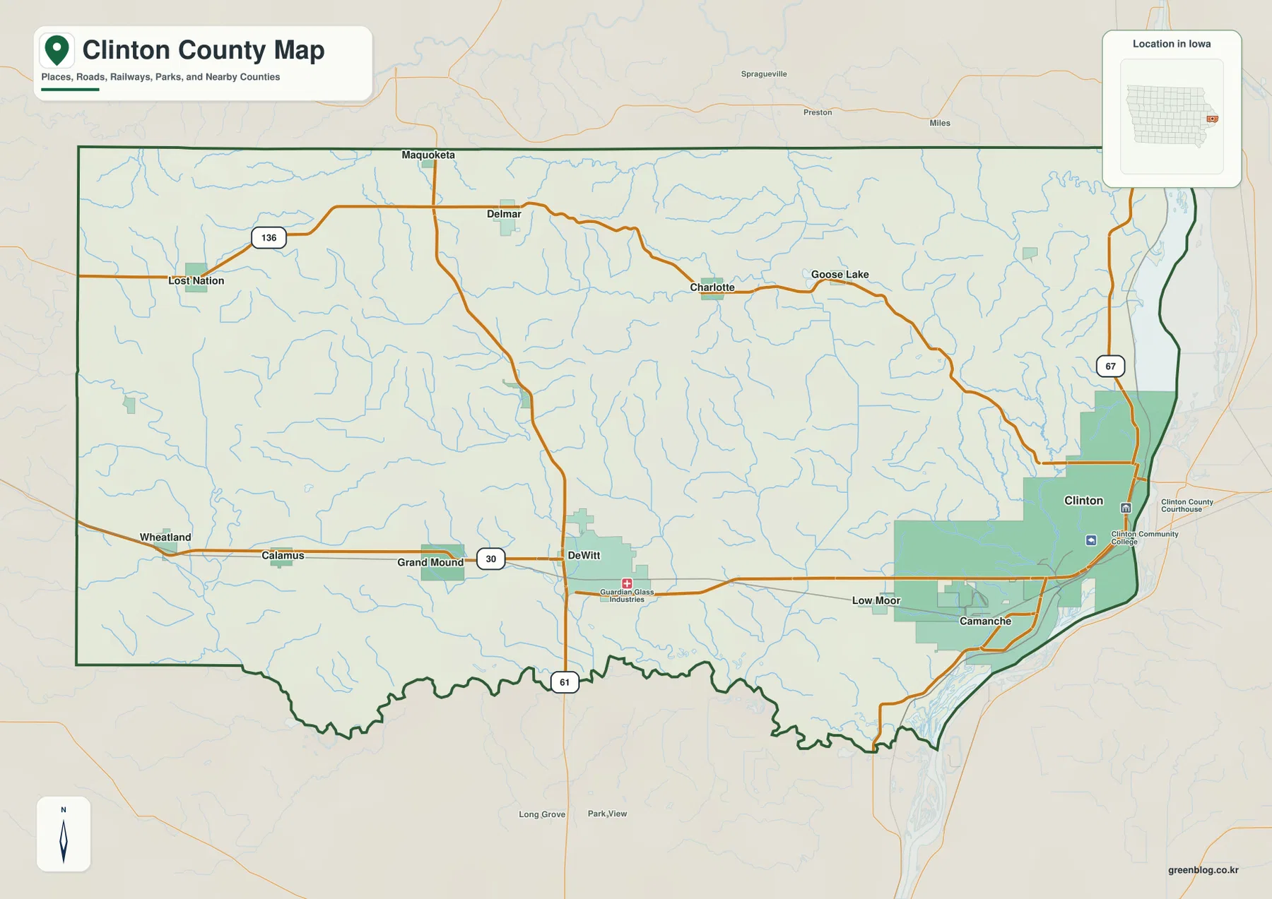 Clinton County Iowa road map with U.S. 30 DeWitt Clinton and Camanche