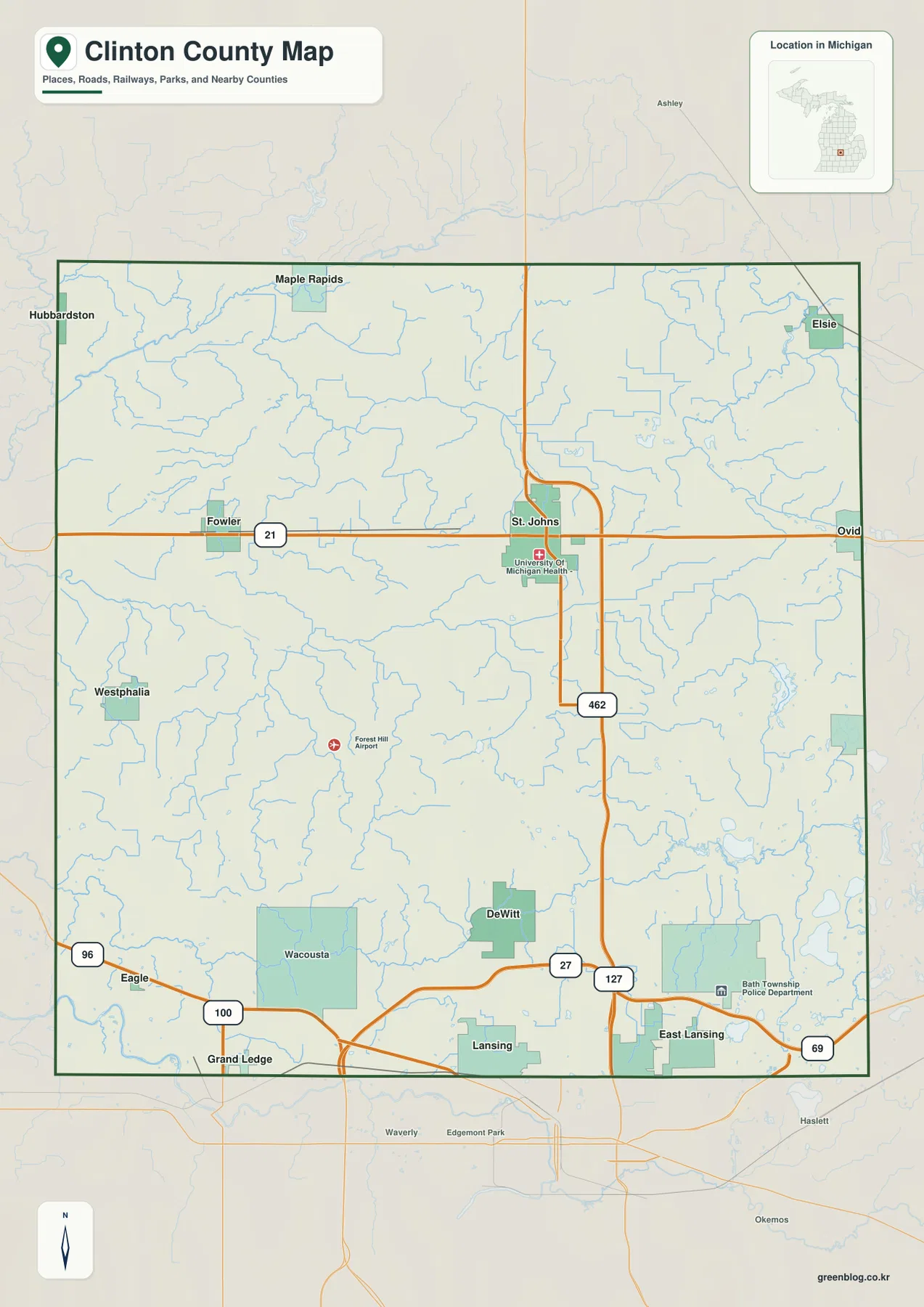 St. Johns, DeWitt, Fowler, Ovid, Elsie, Westphalia와 M-21, US-127, I-69가 표시된 Clinton County Michigan 지도