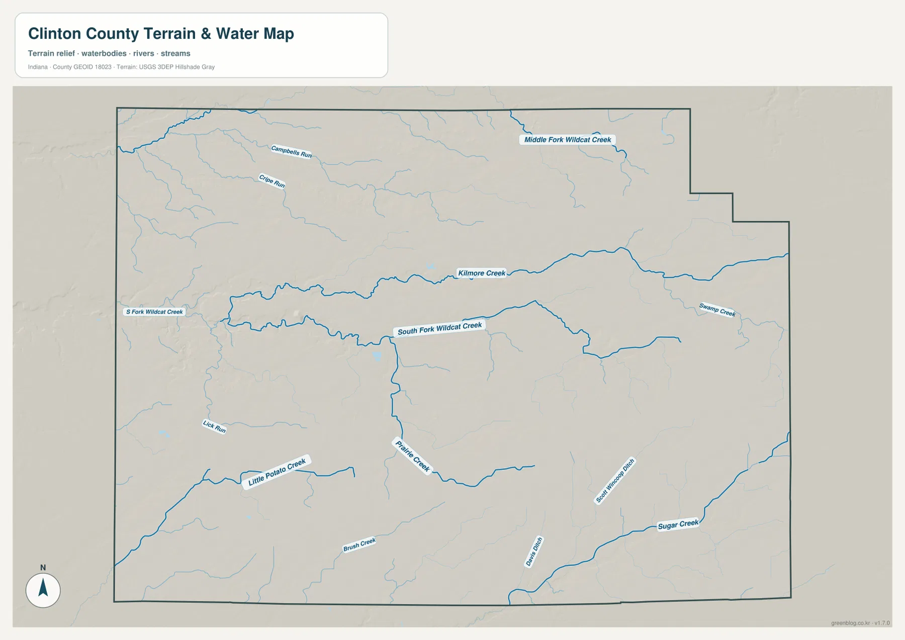 Clinton County terrain and water map showing Middle Fork Wildcat Creek, South Fork Wildcat Creek, Kilmore Creek, Prairie Creek, and Sugar Creek