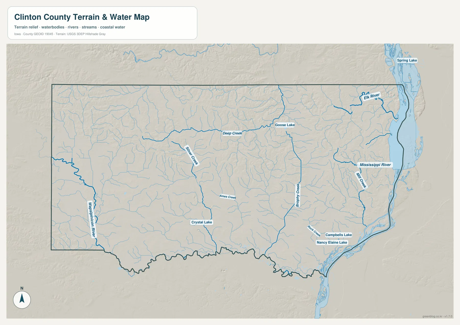Clinton County Iowa water map Mississippi River Wapsipinicon River Deep Creek and Brophy Creek