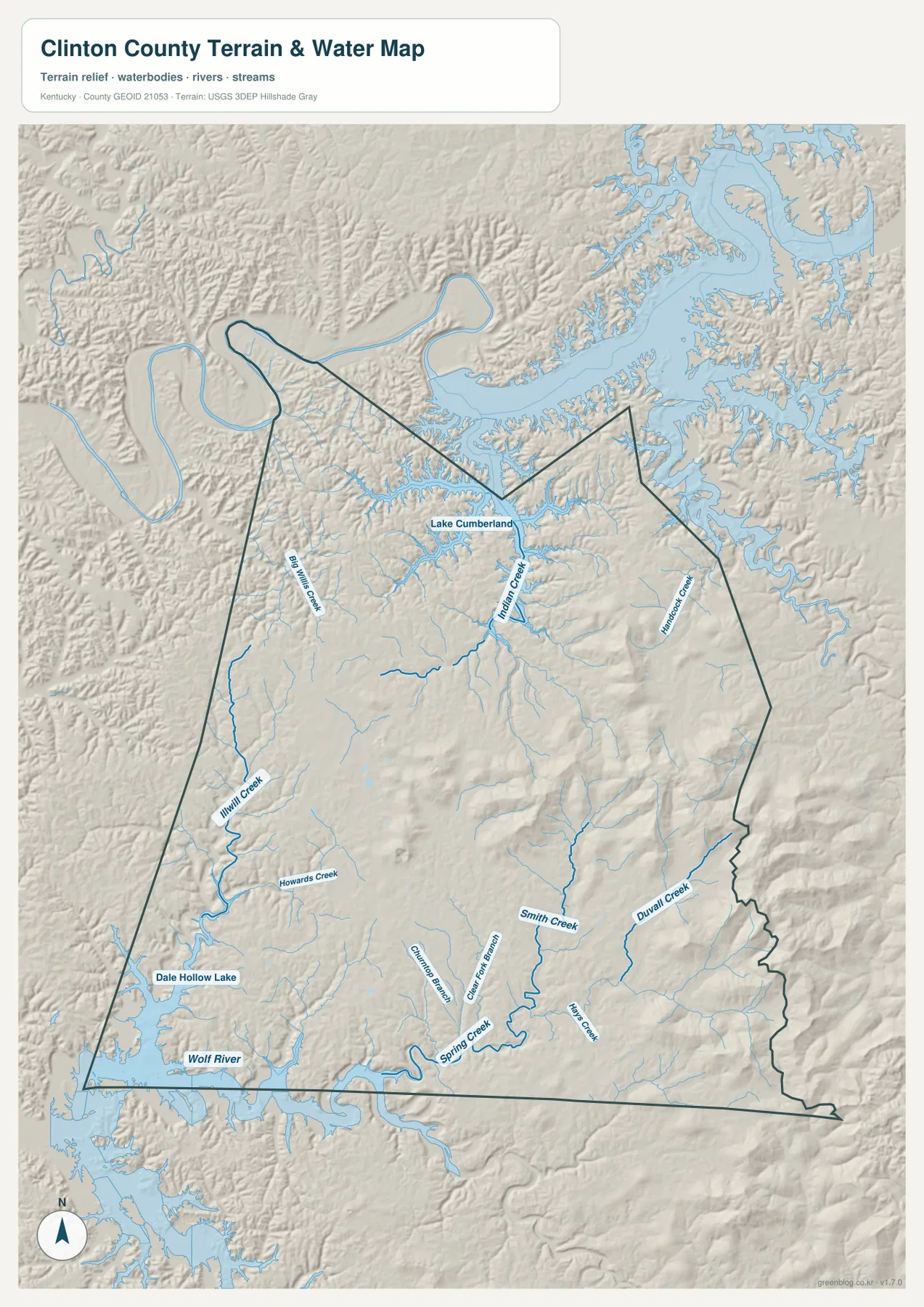 Clinton County terrain and water map showing Lake Cumberland, Dale Hollow Lake, Wolf River, Big Willis Creek, Indian Creek, Hurricane Creek, and other streams