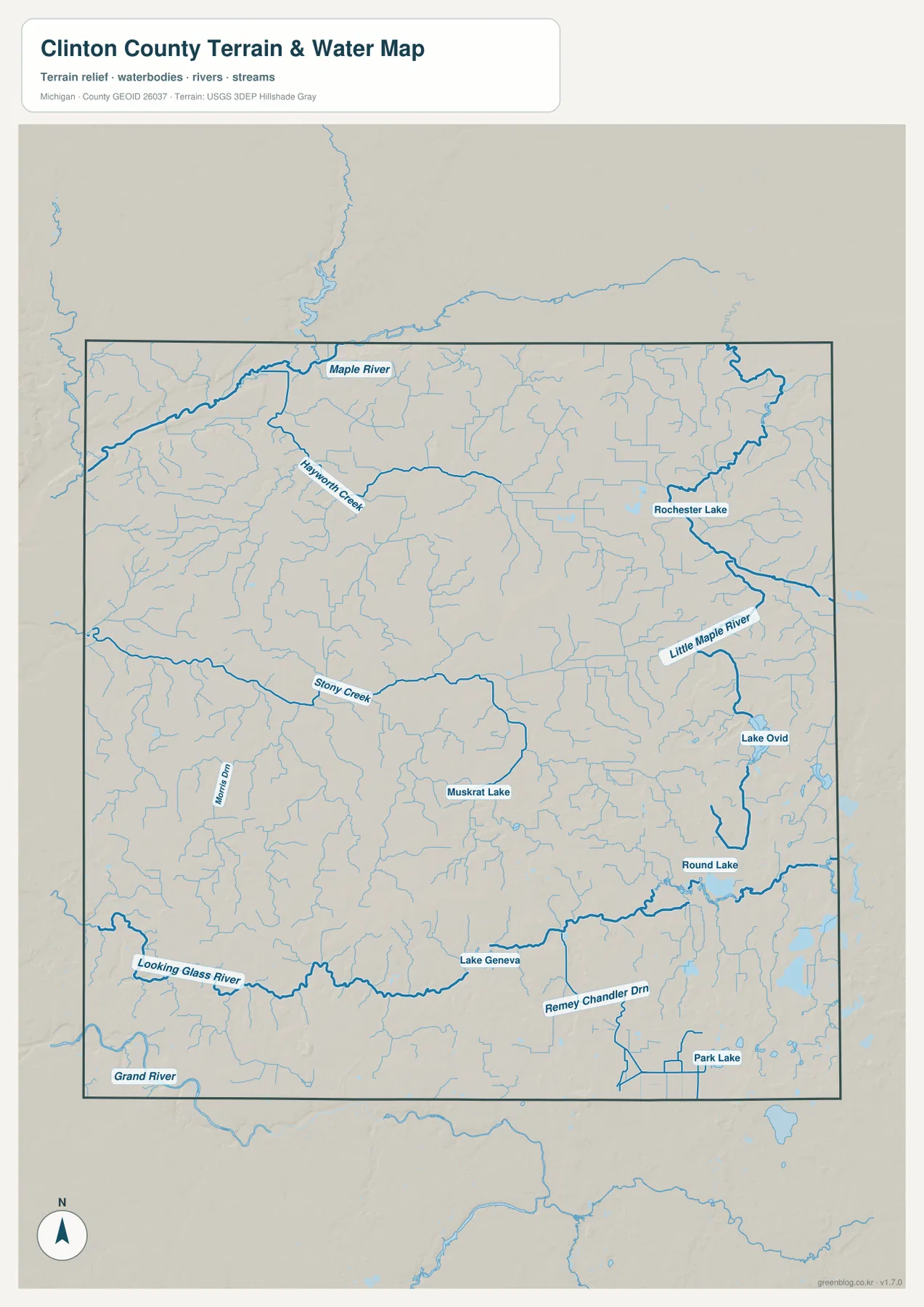 Maple River, Little Maple River, Stony Creek, Looking Glass River, Grand River, Rochester Lake, Lake Ovid, Round Lake, Muskrat Lake와 Park Lake가 표시된 Clinton County 지형 수역 지도